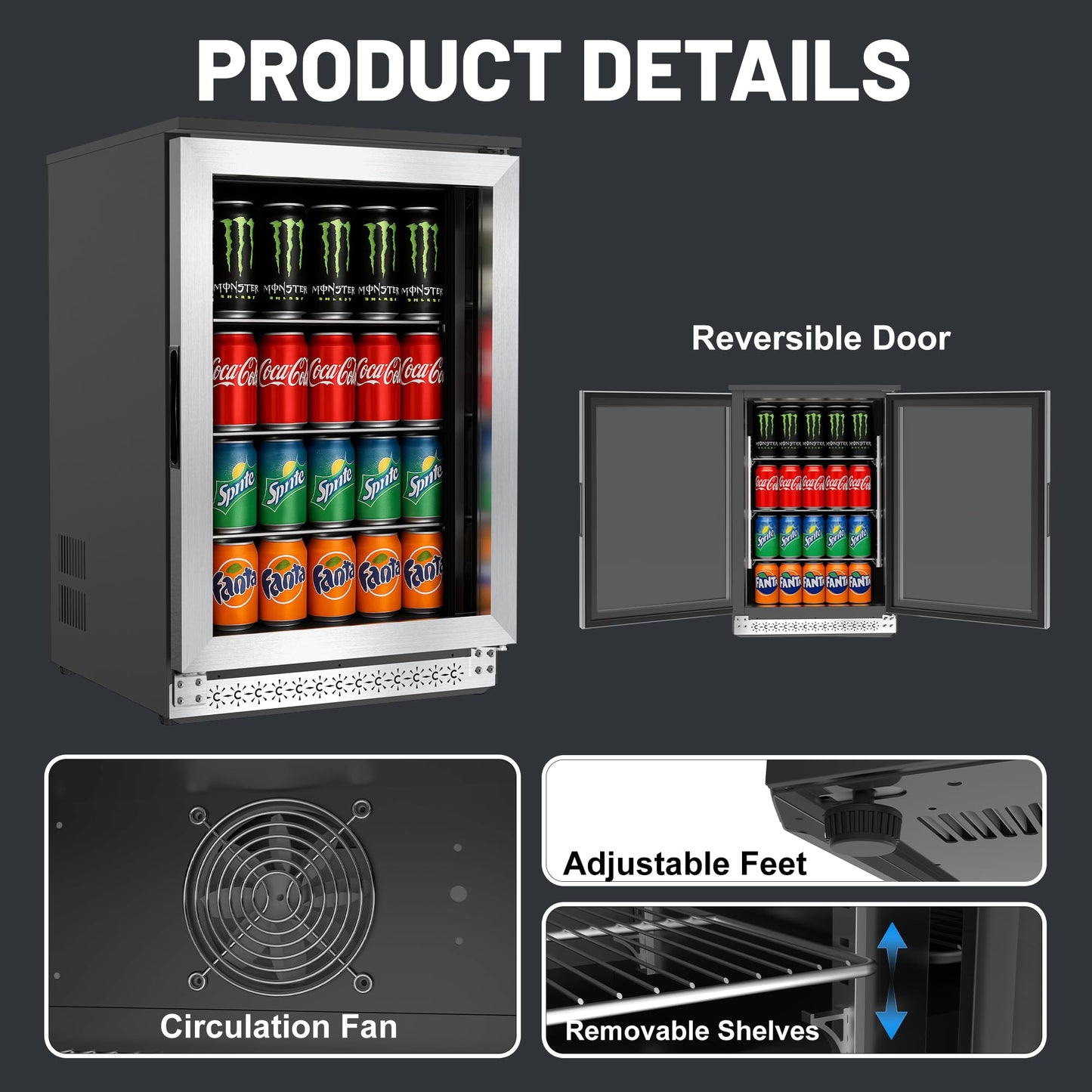 ChillFoce 20 Inch Under Counter Beverage Fridge with Glass Door, Beverage Refrigerator Cooler 120 Can,Built in or Freestanding,Fast Cooling,Quiet ≤39 dBs,Blue LED Light Cooler for Bar, Home, Office