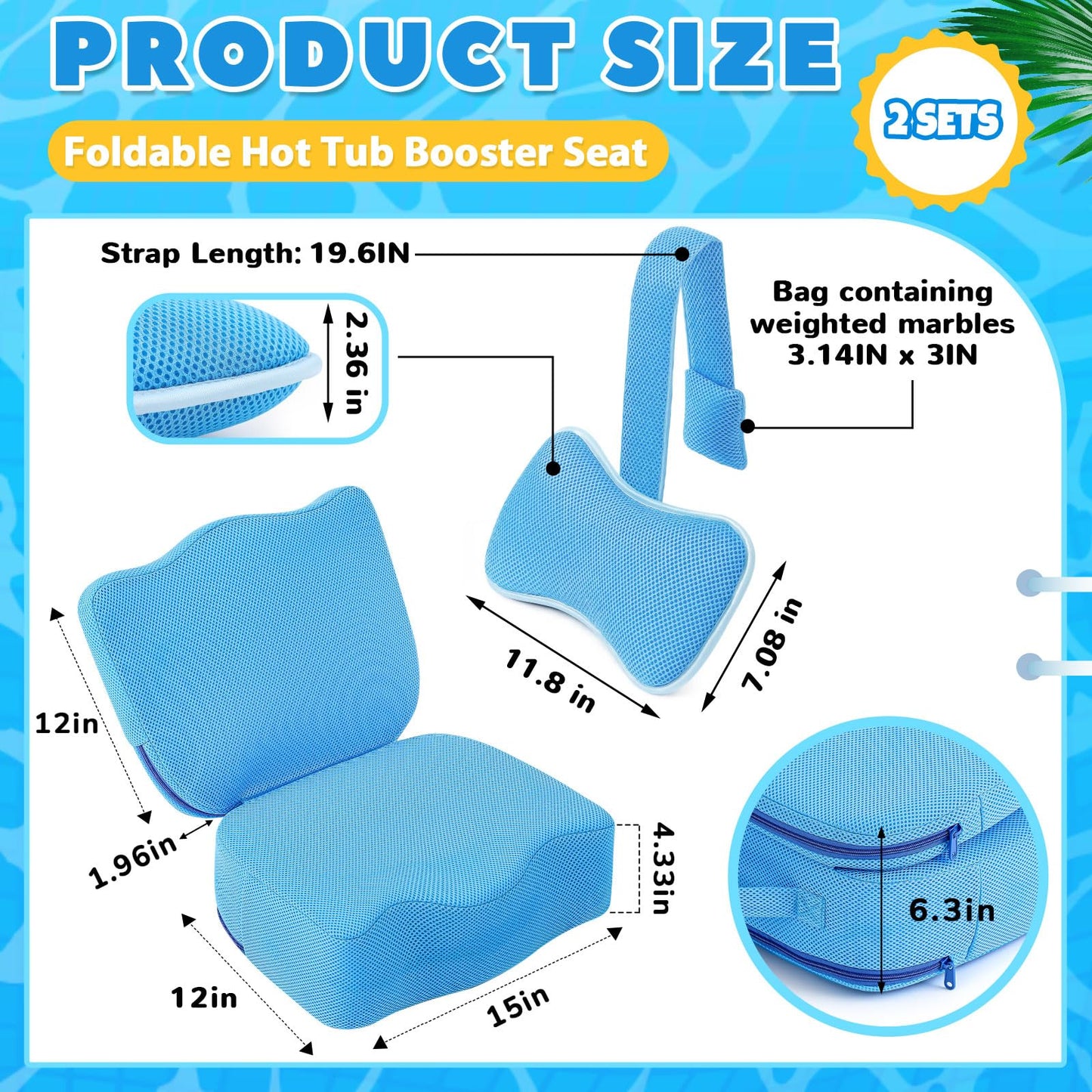 Yerliker 2 Pcs Foldable Hot Tub Booster Seat with Bath Pillow, Inflatable Adjustable Height Spa Cushion with Suction Cups, Weighted Marbles, Extra Thick Bathtub Seat with Back Support