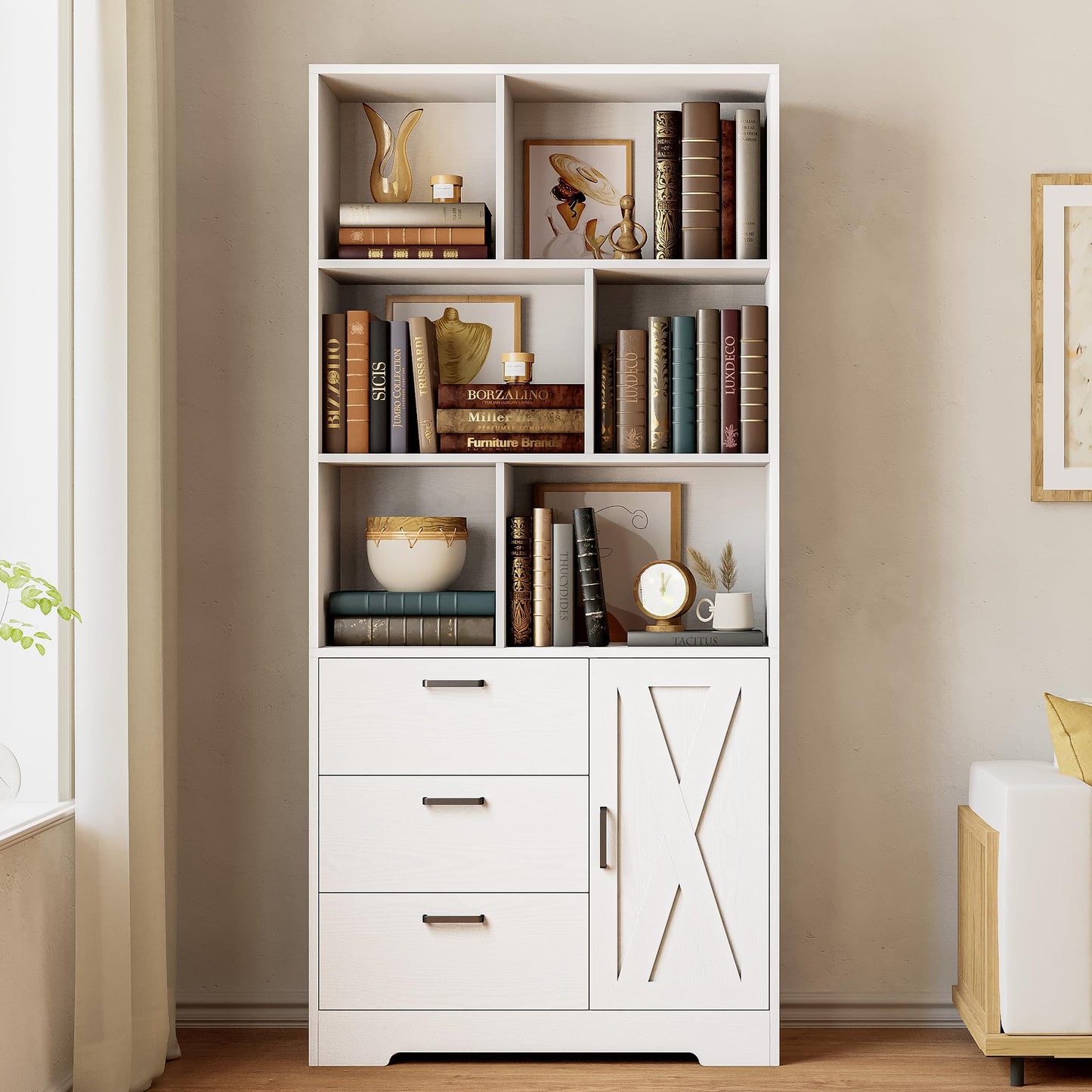IRONCK Book Shelf with Doors and 3 Drawers 6-Tier Tall Bookcase 70.9 Inch with Storage Modern Bookshelf with 6 Open Cubes for Home Office, Living Room