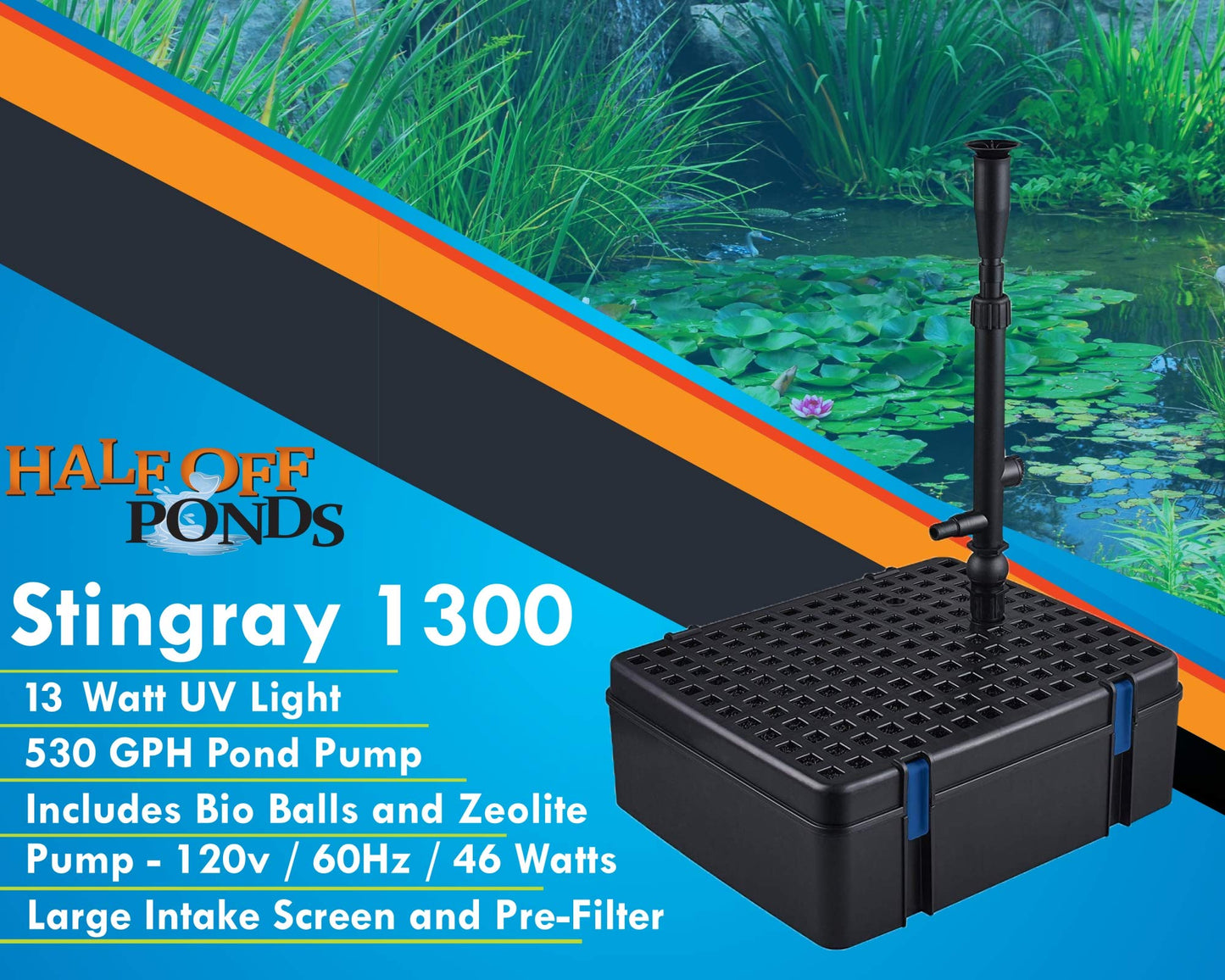 HALF OFF PONDS Sting Ray 1300 All-in-One Submersible Biological and Mechanical Filter, 530 GPH Pump, 13-Watt UV Clarifier, and Fountain - SR1300