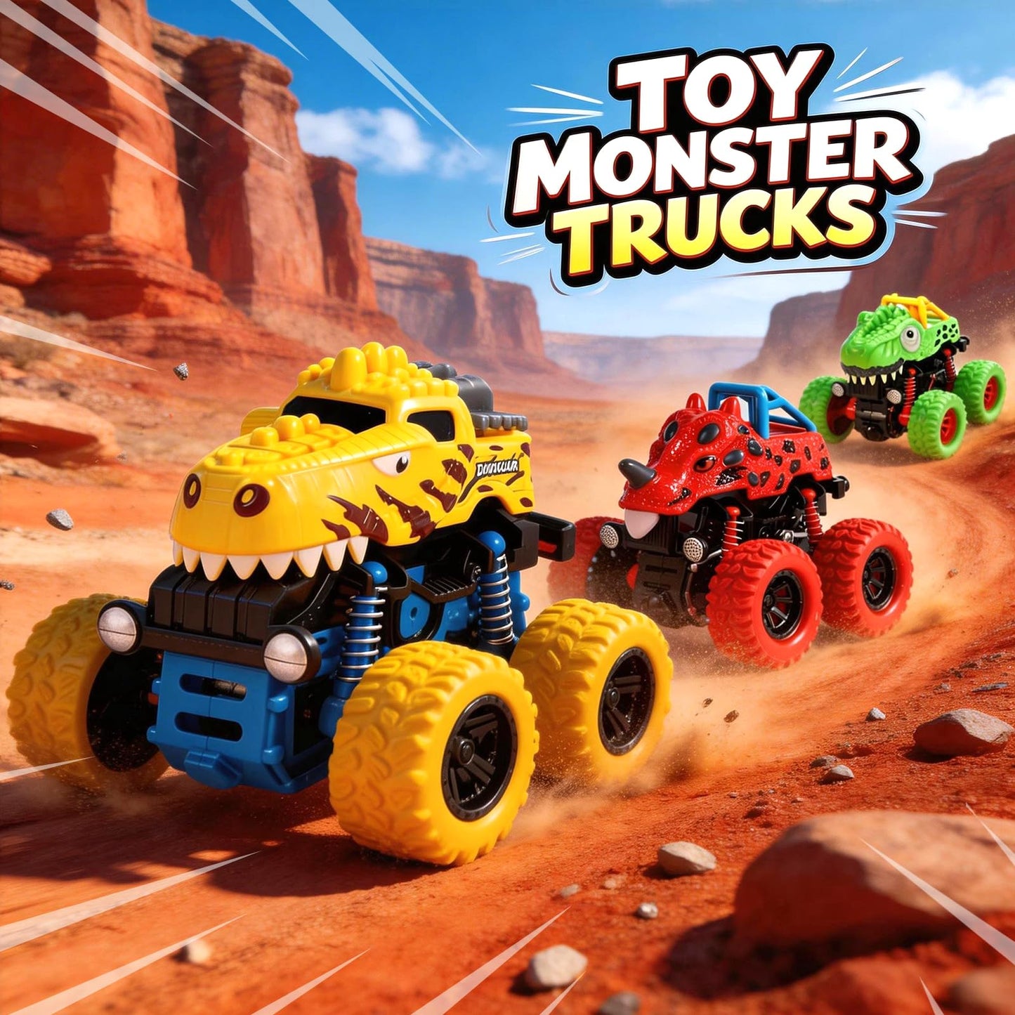 TGXLAK Dinosaur Toys for 2 3 4 5 Year Old Boys - 3 Pack Monster Truck Toys with Friction Power 360° Rotating Push and Go Cars for Toddlers Ages 2-4-6 - Boys Girls Birthday Gifts for Kids 3-5