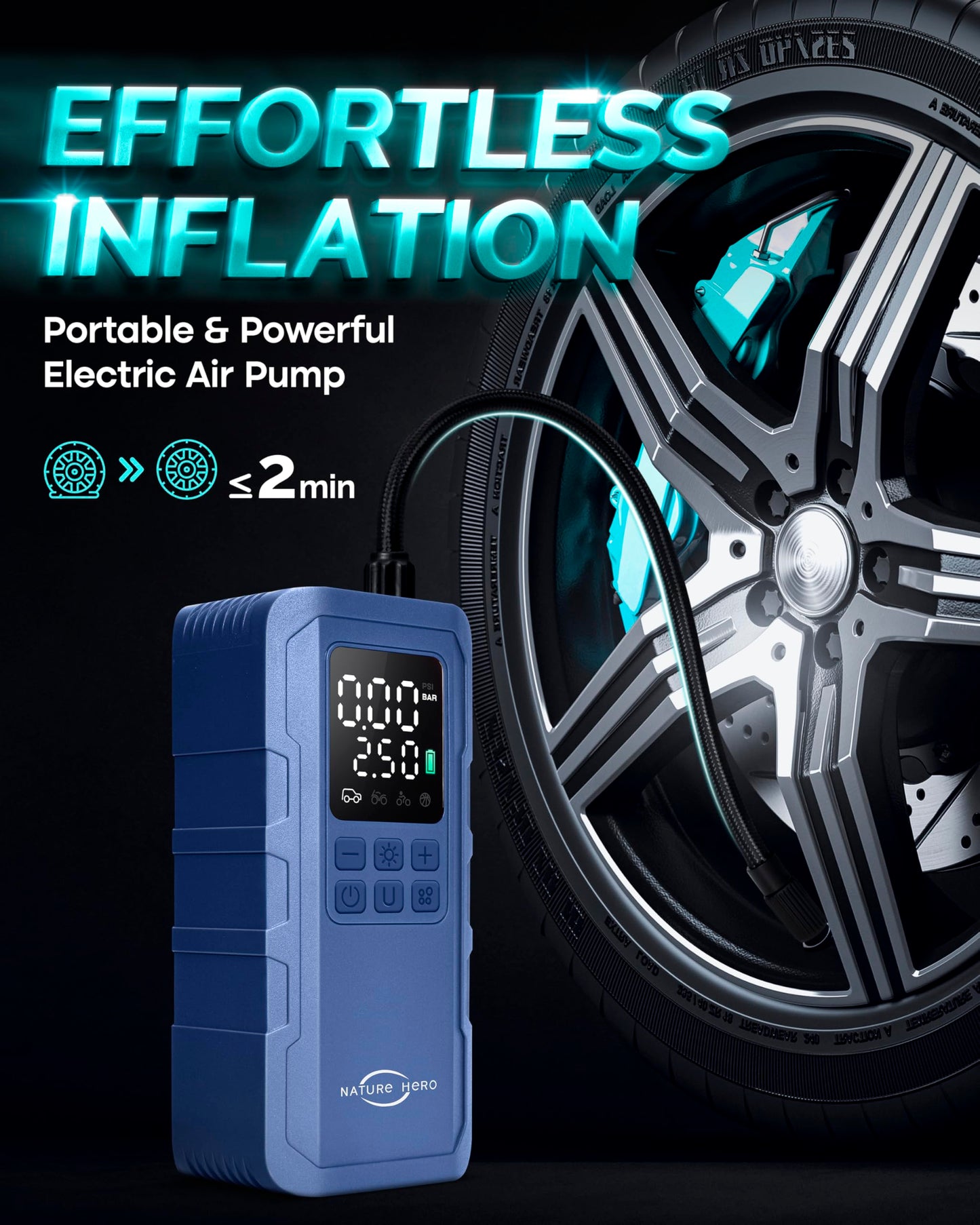 Nature Hero Tire Inflator Portable Air Compressor,150 PSI car tire air pump portable with Digital LCD Pressure Gauge,Electric Air Pump for Motorcycle Tires,Bicycle Tires and Balls,Blue