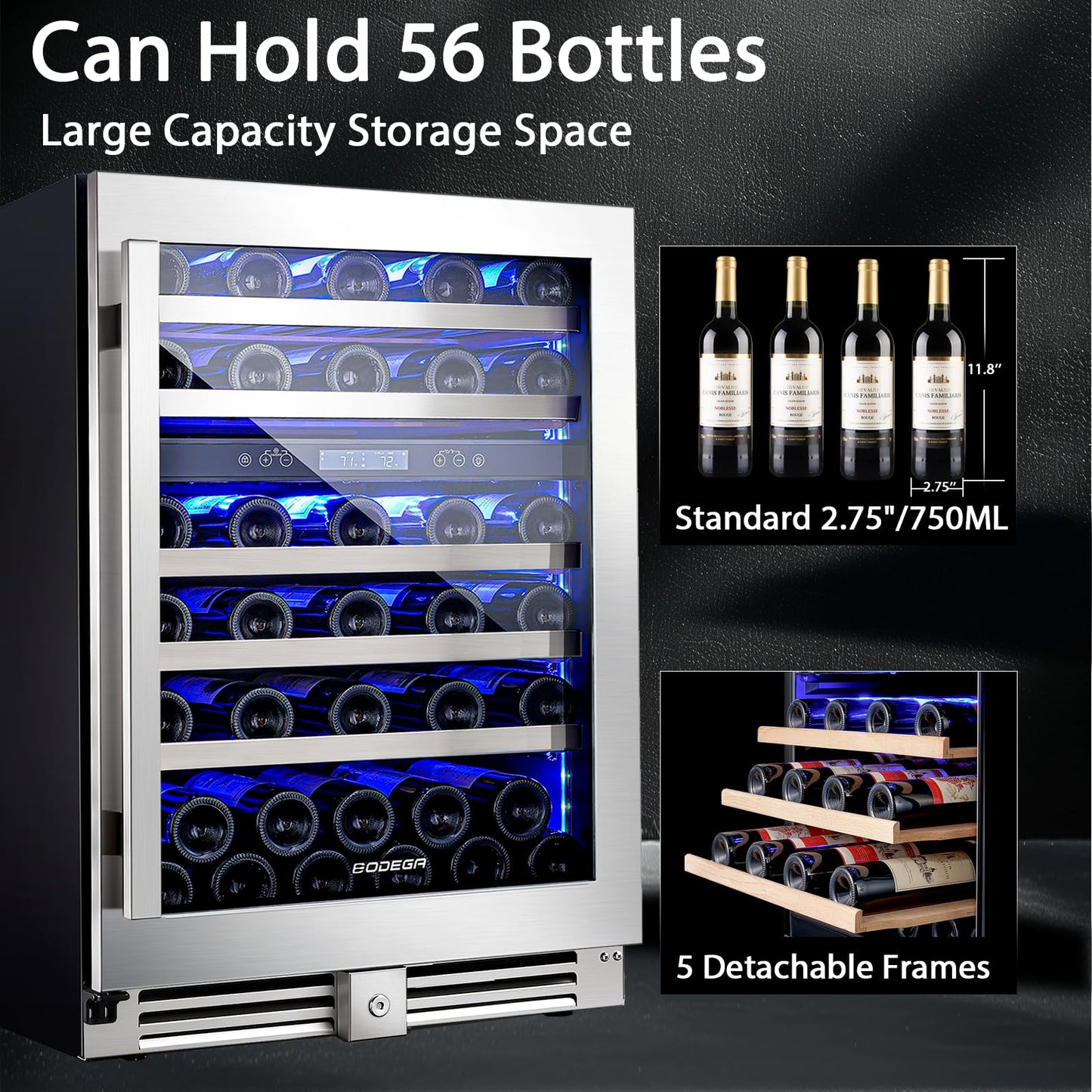 BODEGA 56 Bottles Wine Cooler, 24 Inch Dual Zone Wine Fridge with Double-Layer Glass Door, wine cooler refrigerator with Digital Temperature Control and Temperature Memory,wine cooler for home.