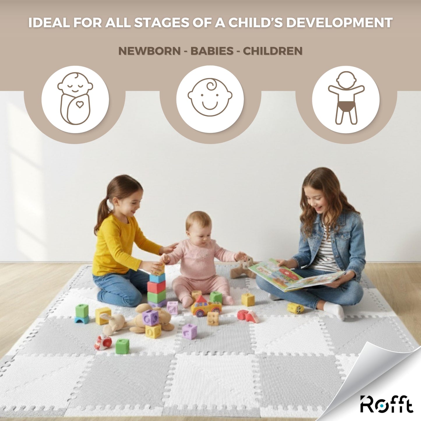 Little fun times Play Mat for Baby Large 72 Pieces, Assembled Total 64 x 64 inch 28,4 SqFt, Interlocking Floor Puzzle, EVA Tiles Playmat for Toddler and Kids, Two Colors Design with Edges.