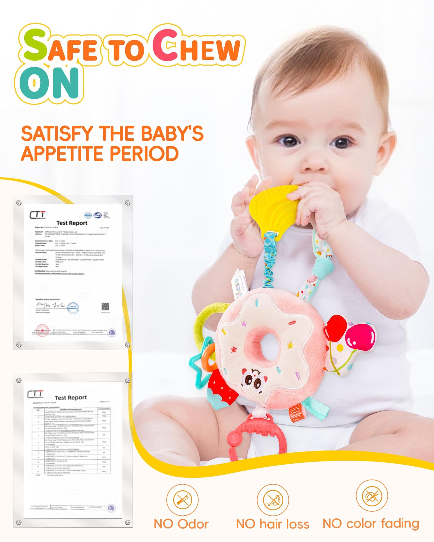 Jollybaby Baby Pull Vibration Toy - Tummy Time Sensory Hanging Toys for Car Seat, Stroller, Crib & Play Gym, with Babies Rattles & Teether, Airplane Travel Toys for Toddlers Gift- Toast
