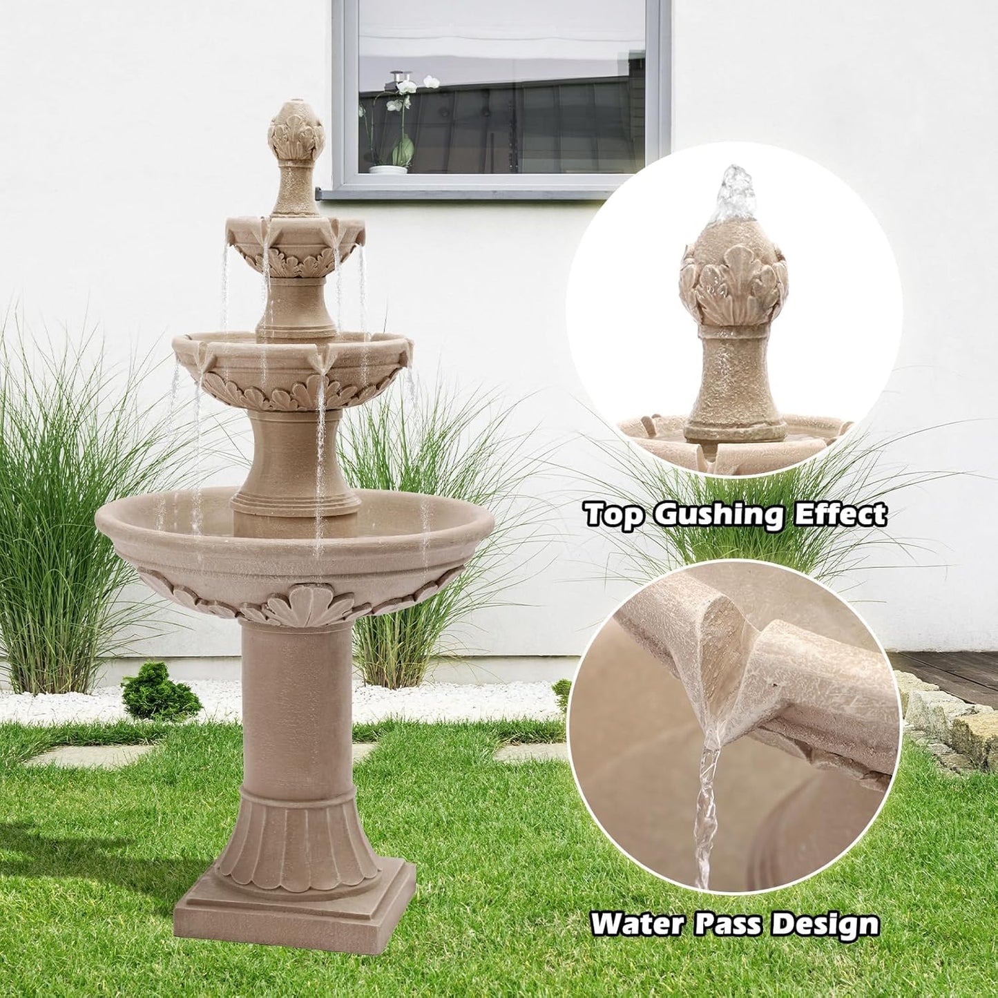 GIODIR Italian Outdoor Fountains and Waterfalls, 48.4" H Bubbler Floor Waterfall Fountain with Pineapple Top and Pump, 3 Tiered Garden Water Fountain for Patio Backyard Deck and Home Decor