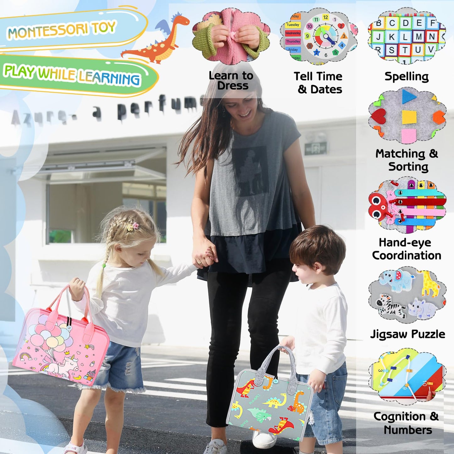 Esjay Toddler Busy Board Montessori Toys for Boys Girls, Sensory Book Educational Activities for Learning Fine Motor Skills, Birthday Gifts for Toddlers, Travel Toys for Airplane Car,Grey Dinosaur
