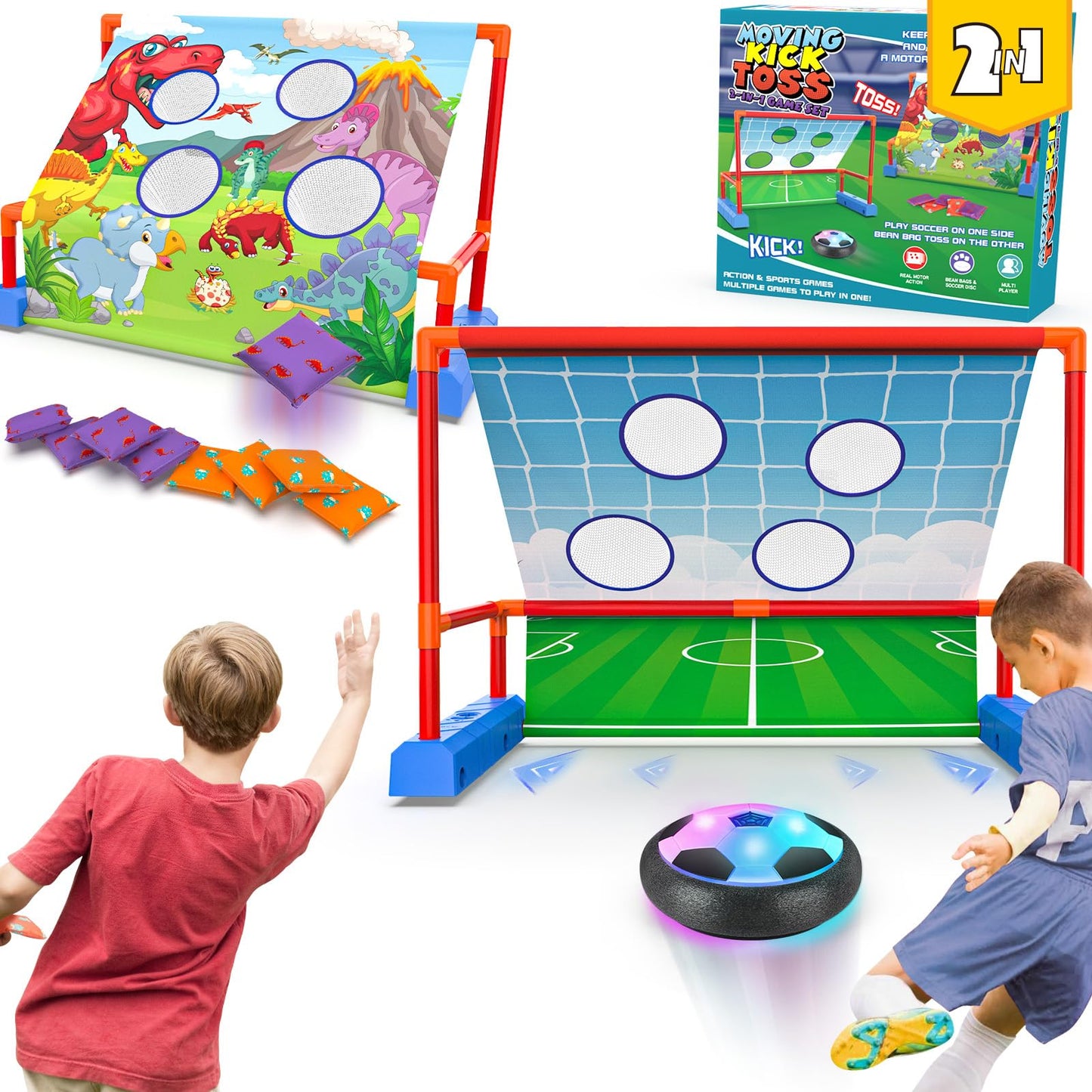 Ocditikl 2-in-1 Moving Kick Toss Games for Kids Ages 4-12, Light Up Hover Soccer Ball with Animal Bean Bag Toss, Indoor Outdoor Birthday Toys for 4 5 6 7 8 9 10 11 12 Year Old Boys Girls