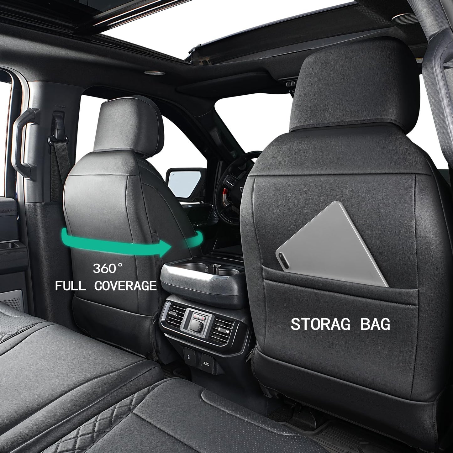 TGKUD F150 Seat Covers, Custom Fit Ford 2021-2025 F 150 XL XLT STX Super Crew Cab, 2023-2025 F250 F350 F450 XL XLT Crew Cab, Full Set, Leather, Black (NOT for 40/20/40 Bench Front Seat)