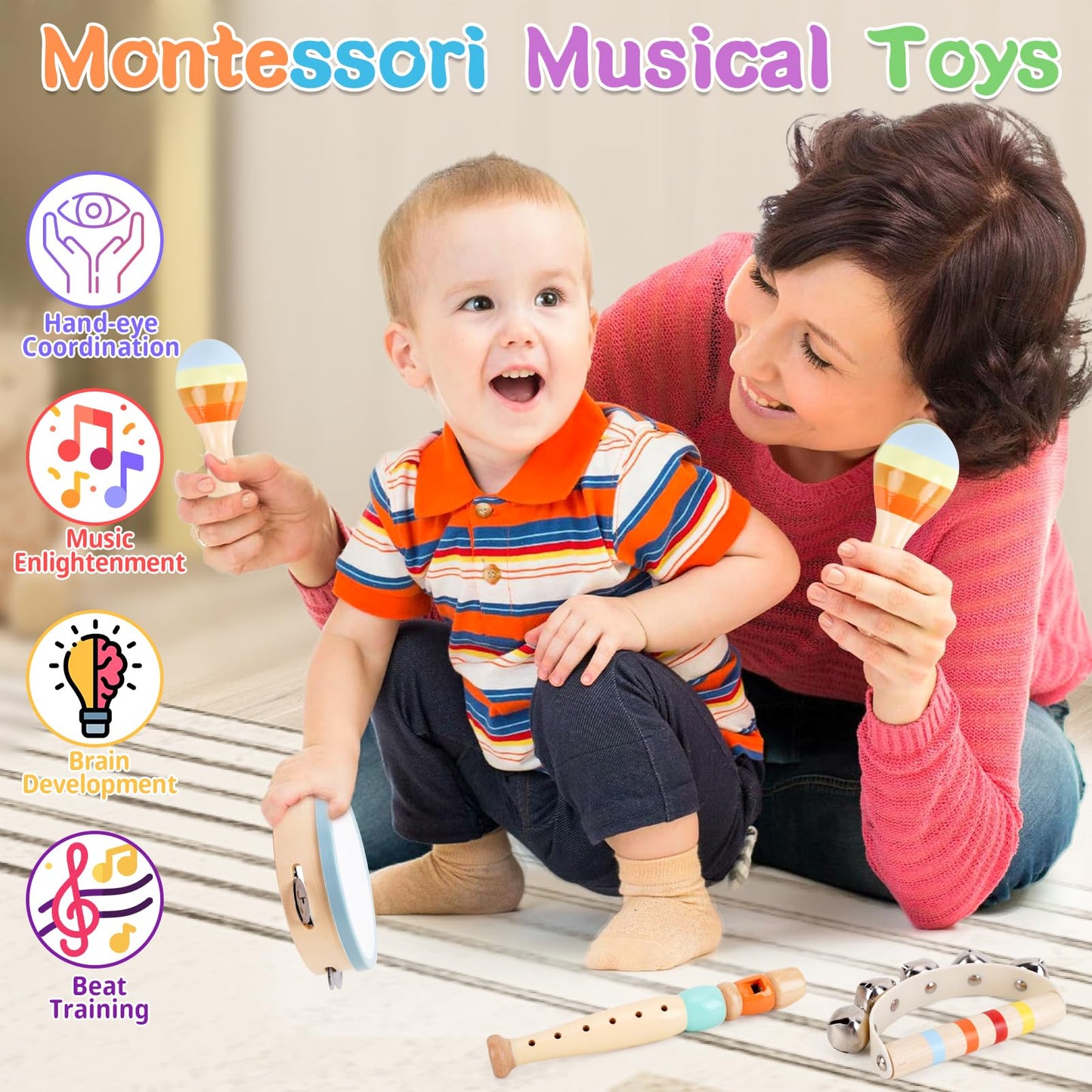 Wooden Toddler Musical Instruments Set, Montessori 18 Month Old Baby Musical Toys, Kids Percussion Instruments Xylophone Maracas for Toddlers 2 3 4, Preschool Christmas Birthday Gifts for Girls Boys