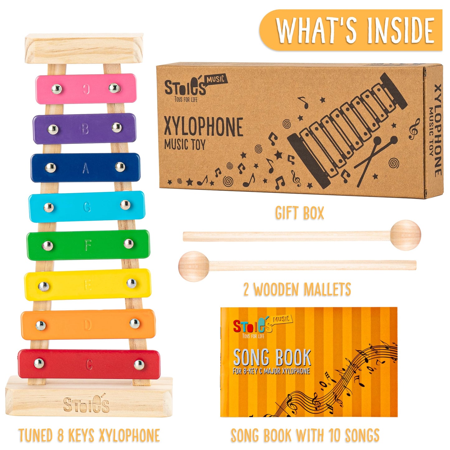 Stoie's Wooden Xylophone for Kids and Toddlers, Kid-Friendly Design, 8 Notes of Rainbow Color, Tuned C-Key Xylophone with Mallets and Music Songbook, Kids Musical Instrument Educational Montessori Toy