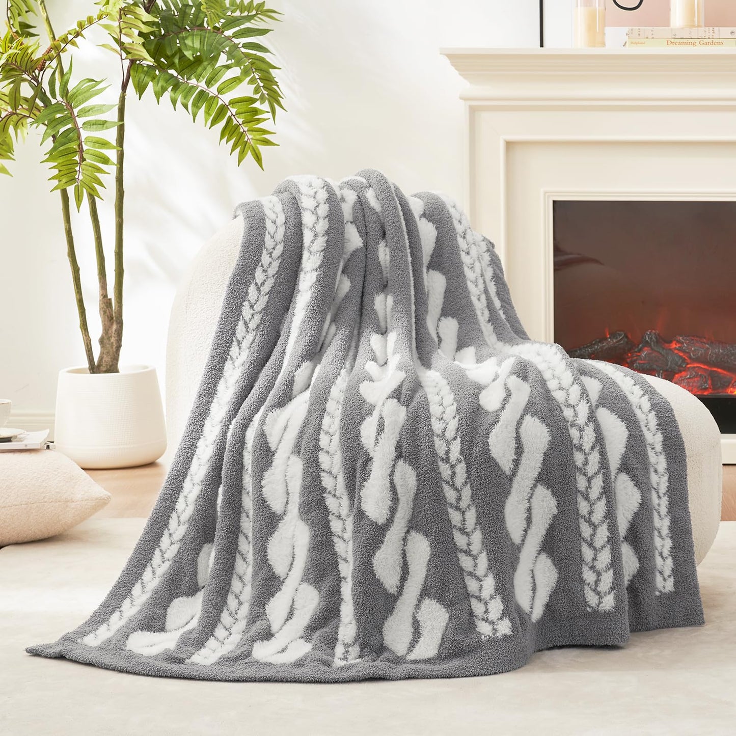 Amélie Home Beige Throw Blanket for Couch, Reversible Super Soft Warm Blankets Cozy Knit Blanket Fuzzy Plush Throws for Sofa Bed Living Room, 50" x 60", Heather Beige