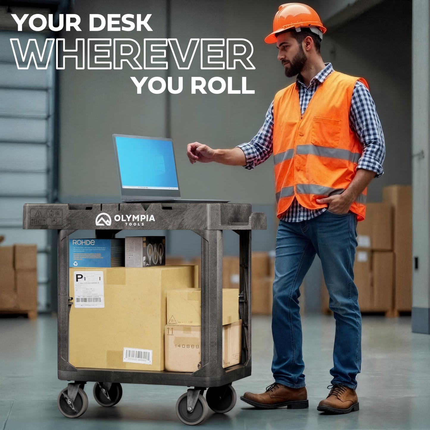 Olympia Tools Convertible Utility Cart - 660 lbs Heavy Duty Plastic HDPE, 10 Tool Slots, 5'' Locking Swivel Wheels, Ladder Hook | 3 Shelf to Flat Top Workstation | Industrial & Maintenance Work Carts