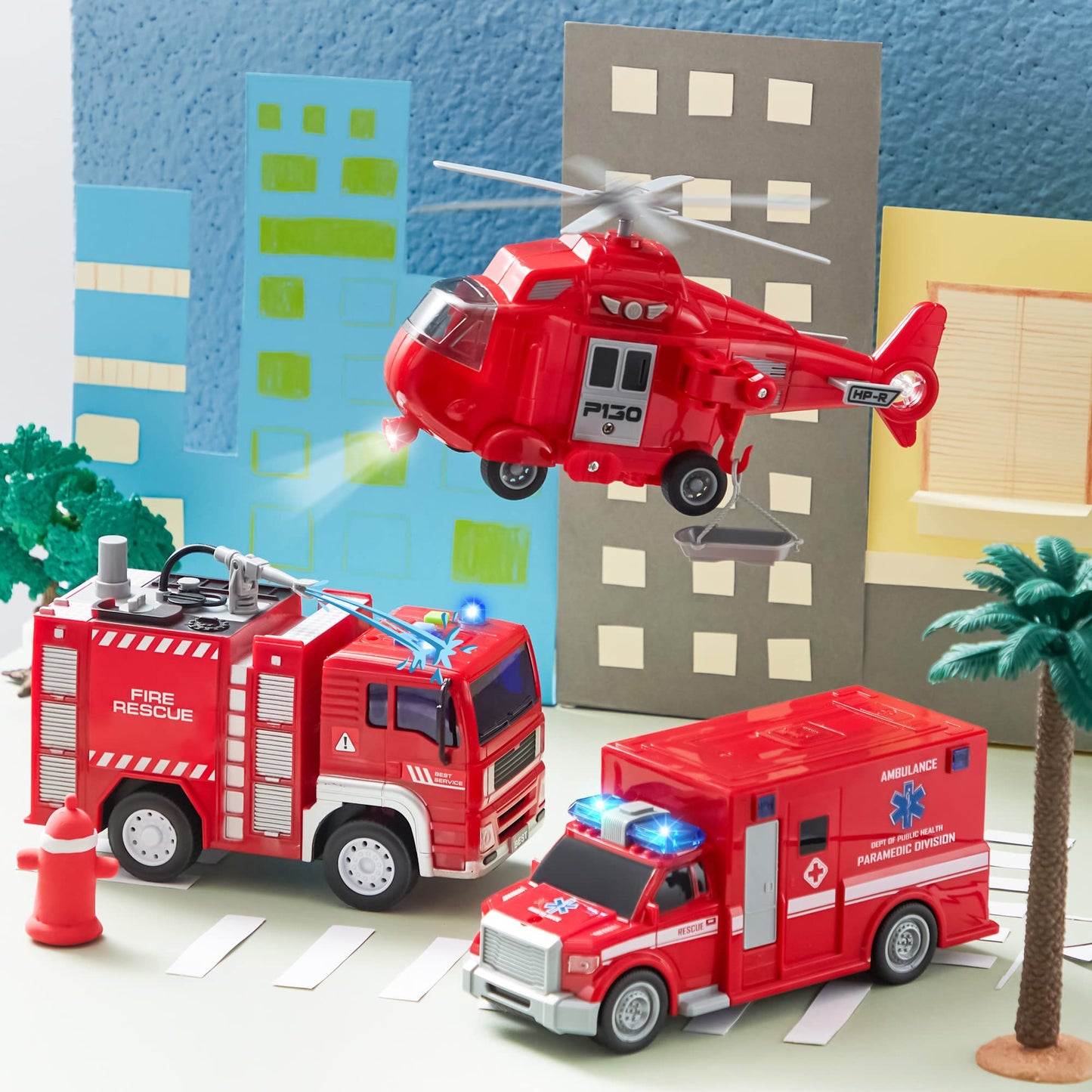 JOYIN Toddler Fire Truck Toys for 3 4 5 6 7 Year Old Boys - Fire Engine, Emergency Vehicle, Kids Firetruck, Friction Powered Car with Lights and Sounds, Birthday Gifts for Boys Girls Age 3-9