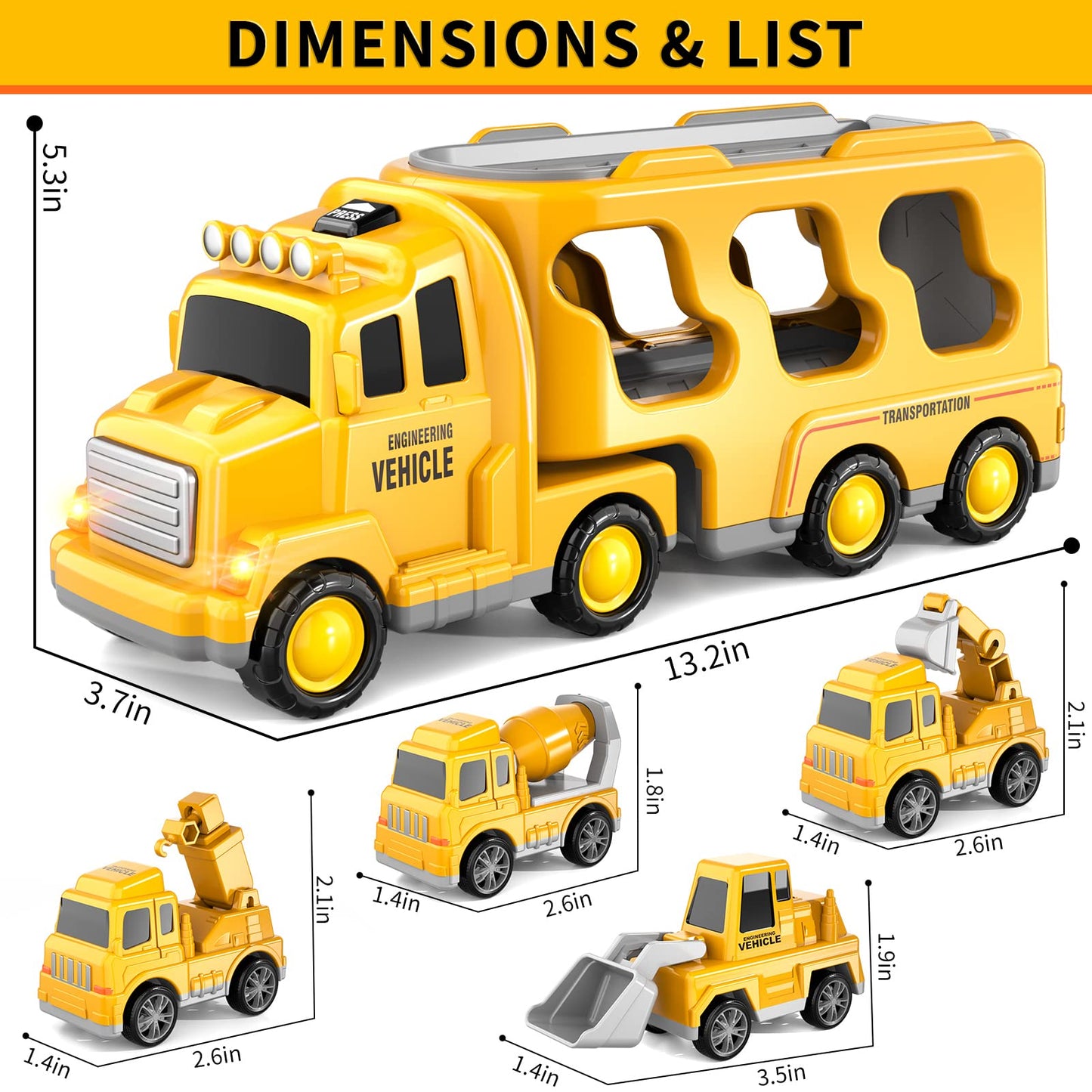 Bennol Construction Truck Toys for Toddler Boy 1 2 3 4 5 Year Old Car Trucks Birthday Gifts Toys for Kids Ages 1-3 3-5 5-in-1 Construction Trcuk with Excavator Crane Mixer Bulldozer