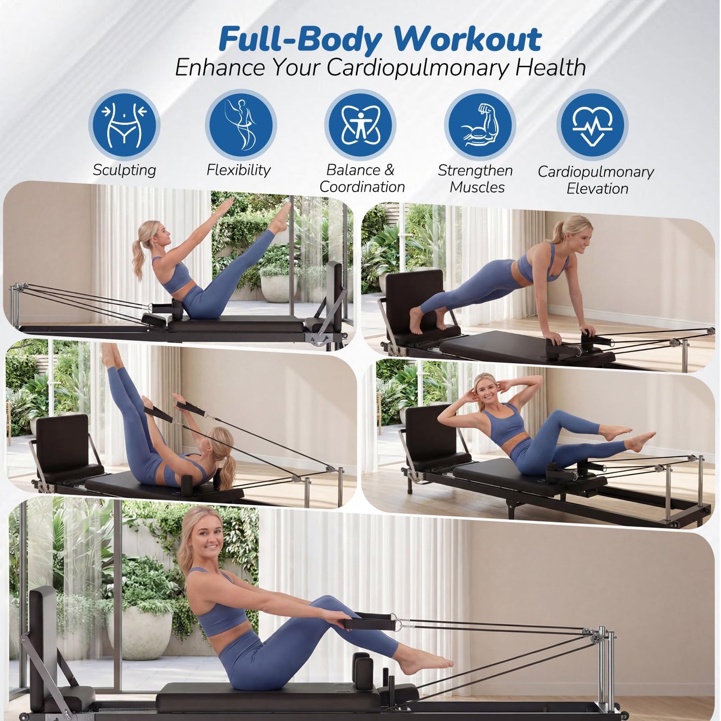 AddWin Pilates Reformer, 91'' Foldable Reformer Pilates Machine, Pilates Equipment for Home Women Use Gym Workout & Advanced and Beginners Users, with Dual Resistance- Springs and Cords