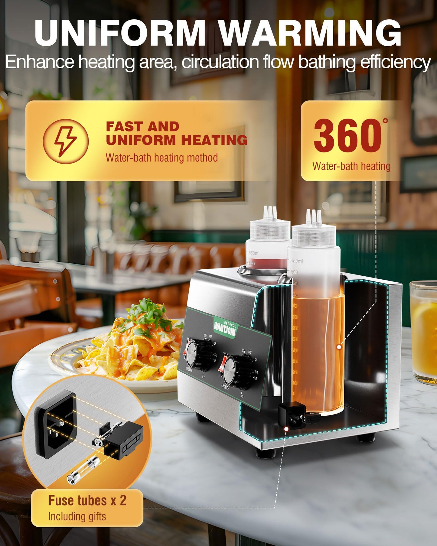 WantJoin Electric Sauce Warmer Dispenser Countertop Stainless Steel Sauce Heat Preservation Machine 320W Hot Fudge Nacho Cheese Ketchup Chocolate Warmer for Commercial with 650ml Squeeze Bottle*2