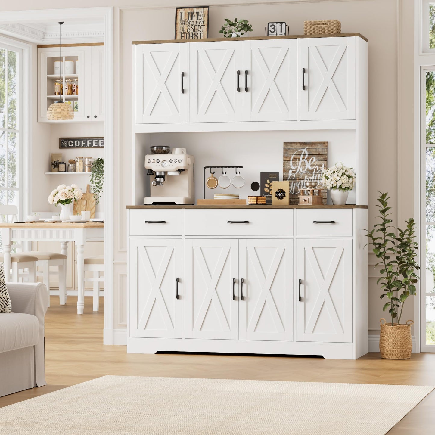HOSTACK 71" Tall Pantry Cabinet with Charging Station, 55" Wide Kitchen Pantry Storage Cabinet with Countertop, Large Kitchen Hutch with Storage Drawers and Microwave Stand for Dining Room, White