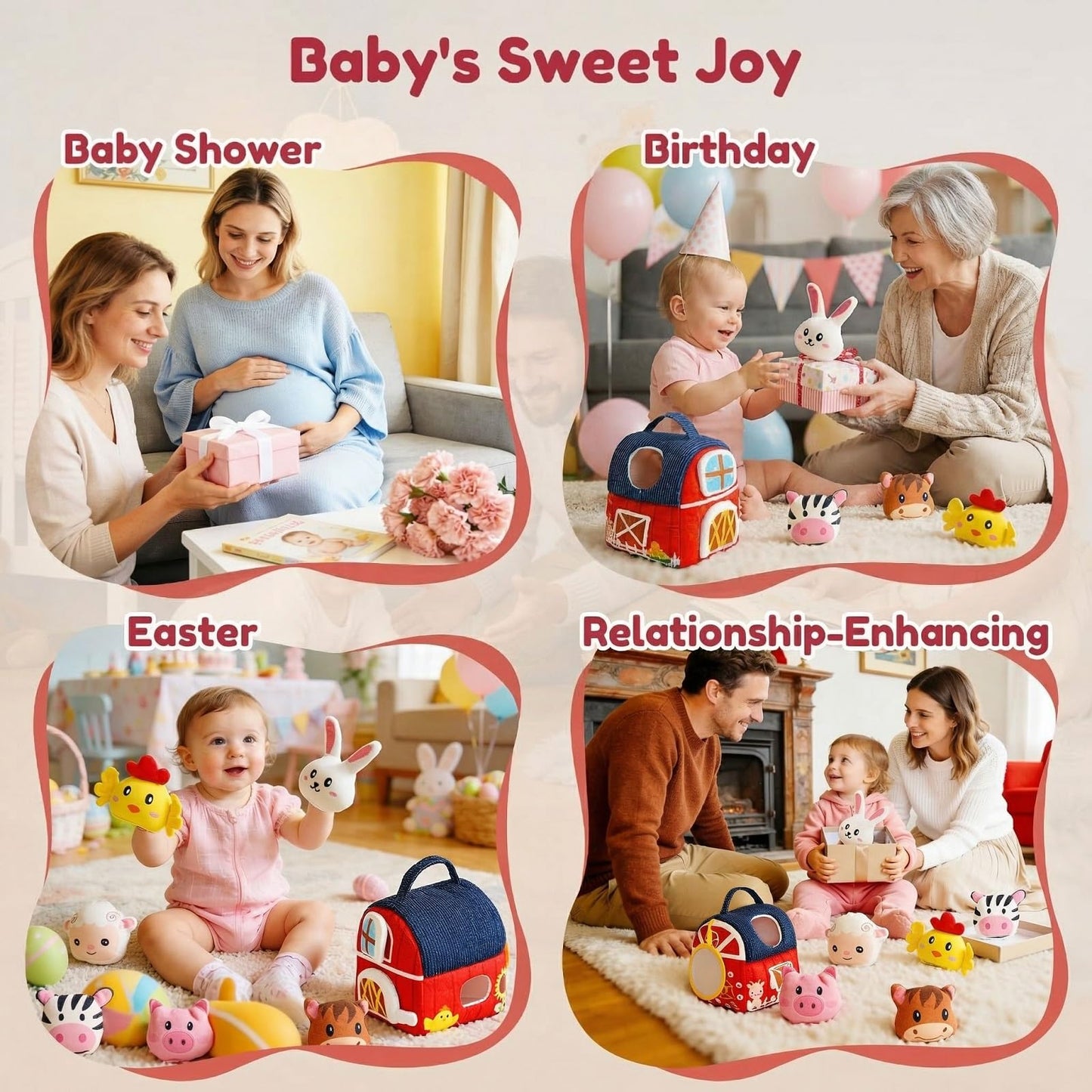 Baby Soft Toys 6-12 Months - Surprise Barn Stuffed Farm Animals House for Toddlers 1-3, Montessori Sensory Plush Toys for Infants, Rattle, Crinkle, Baby Learning Plush Toys for Babies Tummy Time