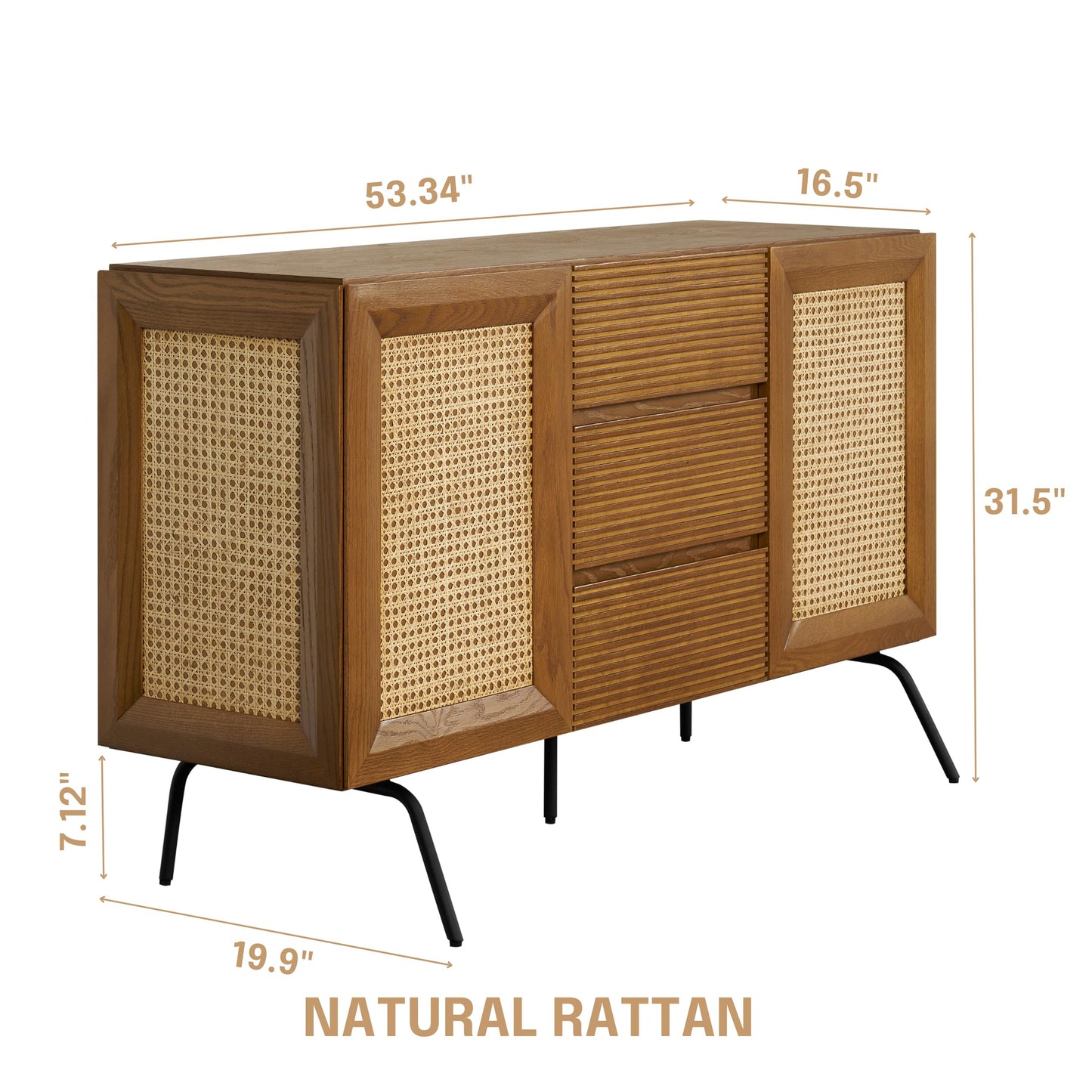 NTC MOSSIC Sideboard with 2 Doors and 3 Drawers, Buffet Cabinet with Natural Rattan and Metal Legs, Modern Storage Cabinet for Living Room, and Hallway, Effortless Assembly - Rustic Oak