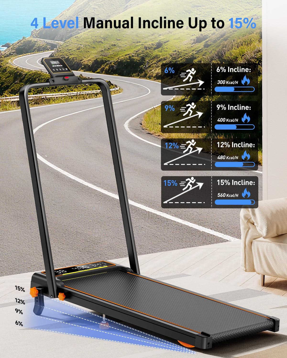Walking Pad Treadmill with 15% Incline & Dual LED Display, 4 in 1 Walking Pad with Handle Bar, 3.5HP Foldable Treadmill with Incline, Treadmills for Home 350LBS, 4 Adjustable Incline, RGB Light
