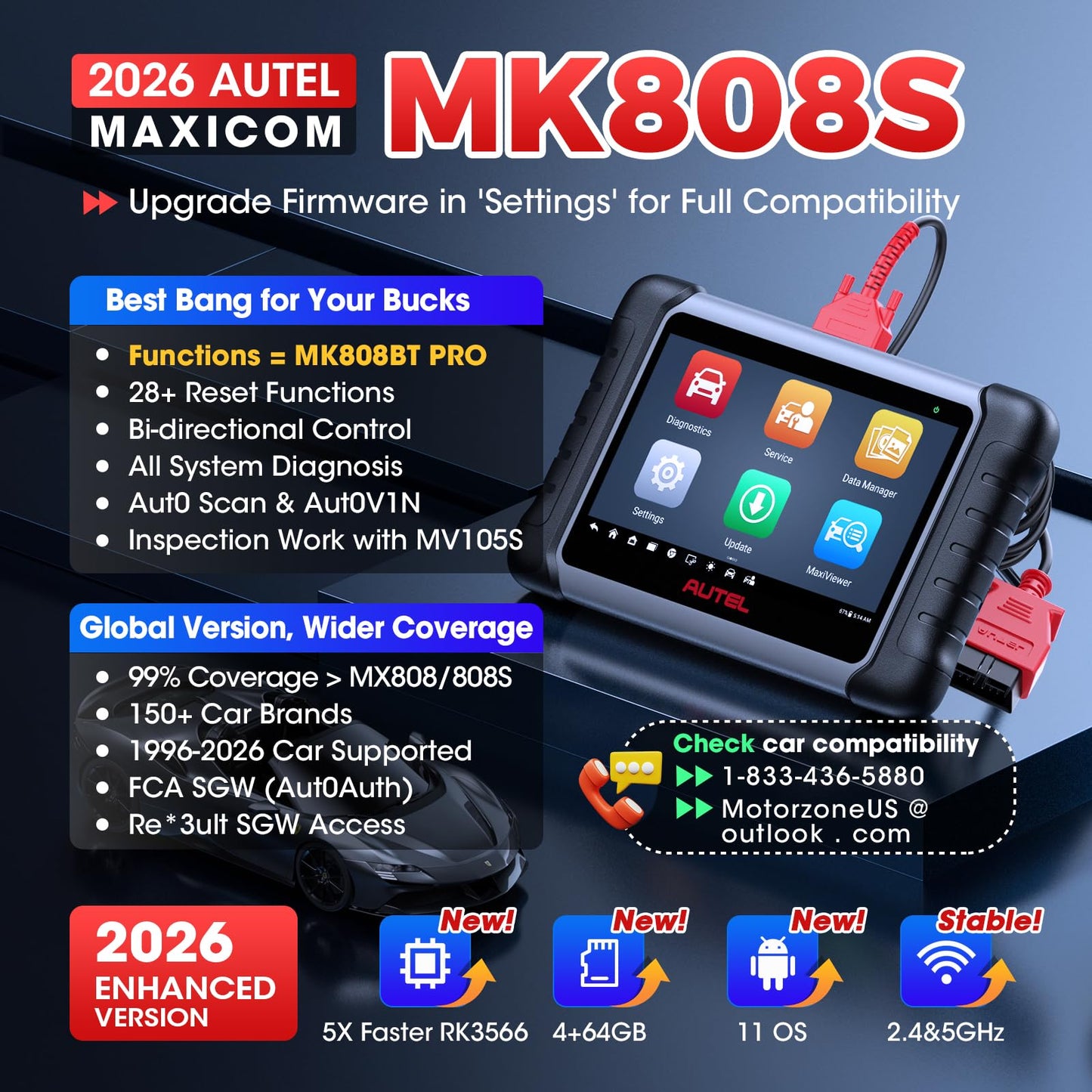 Autel Scanner MaxiCOM MK808S: 2026 Bidirectional Tool as MK808BT Pro MX808S M808Z, Work as MaxiCheck MX900 MK900BT, 28+ Service, Active Test, All System Diagnose, Injector C0ding, FCA Autoauth OS 11