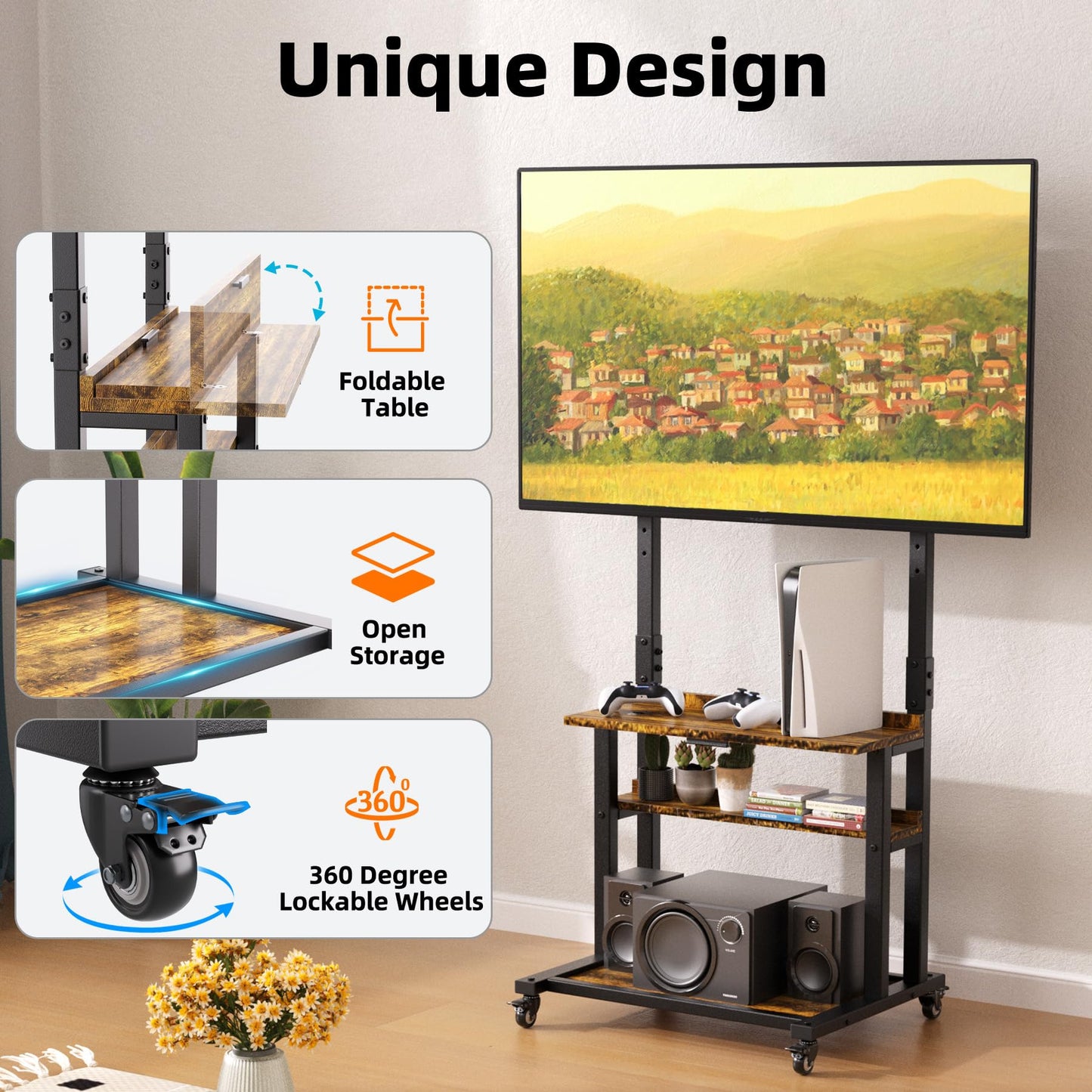 Entertainment Center with Large Storage and Foldable Table, Rolling TV Stand with Lockable Wheels, TVs Under 75 inches, Height Adjustable, Tall TV Stand for Outdoor, Bedroom, Living Room and Office
