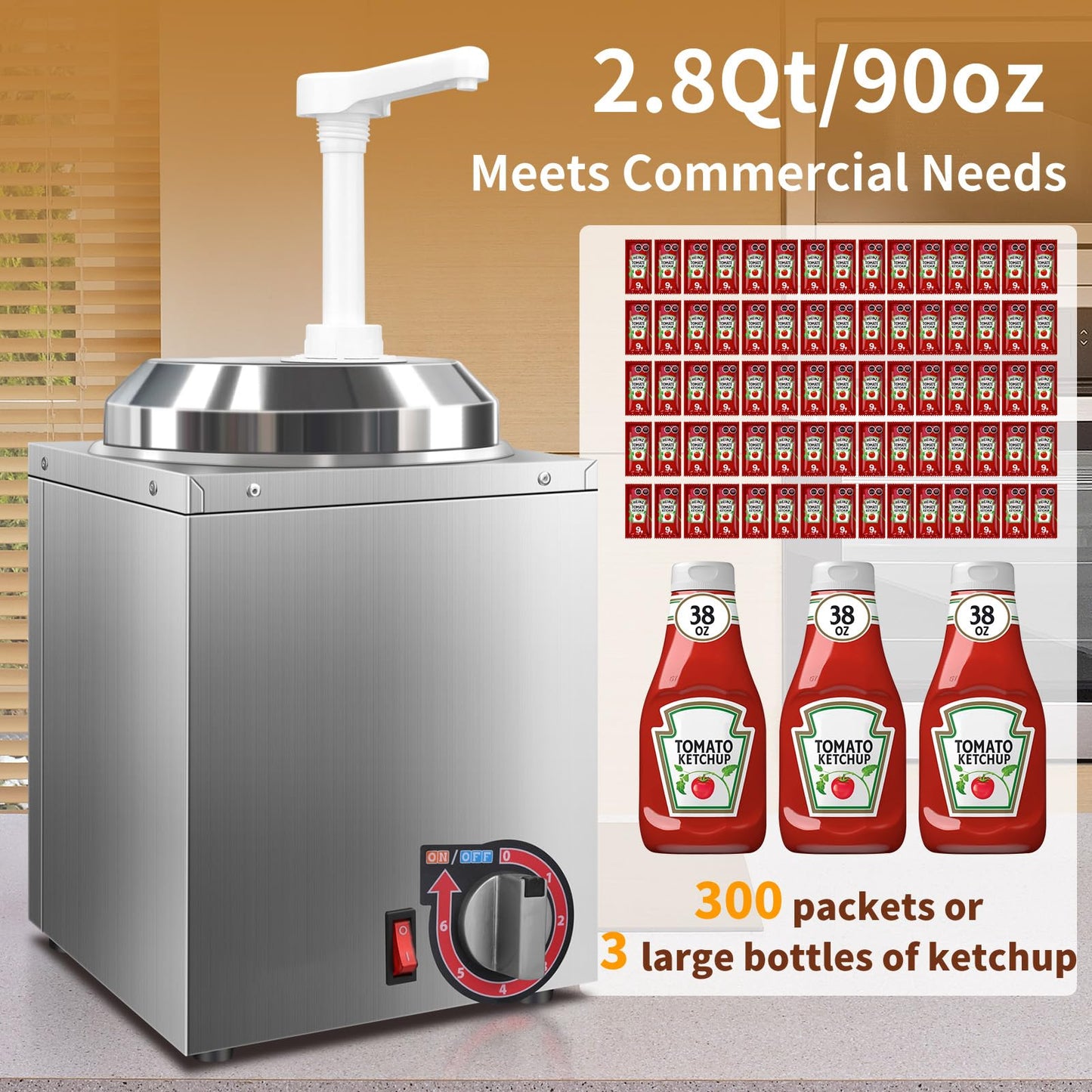 Hijolla Cheese Warmer Dispenser with Pump,Nacho Cheese Warmer with 2.8Qt Capacity,Electric Hot Fudge Dispenser Caramel Butter Sauce Warmer 400W,86-194 F Temp Adjustable for Salad Jam Seasoning Sauce