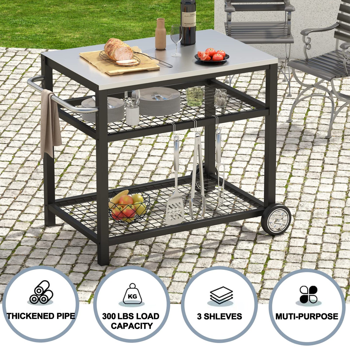 Movable Food Prep and Work Table Stainless Steel Grill Cart Modular Table with Wheels and Handle Double-Shelf Commercial Kitchen Tables Heavy Duty Pizza Oven Stand Outdoor
