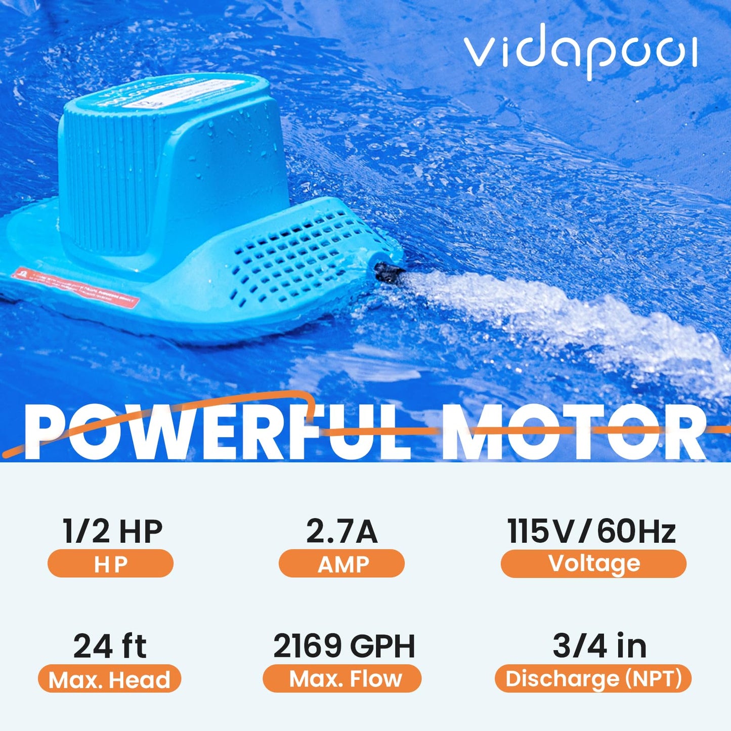 Vidapool 1/2 HP Pool Cover Pump Automatic On Off, Submersible Sump Pump Inground/Above Ground, 2169 GPH Water Removal Pump with 25 Feet Power Cord for Swimming Pool, Pond, Basement, Window Well