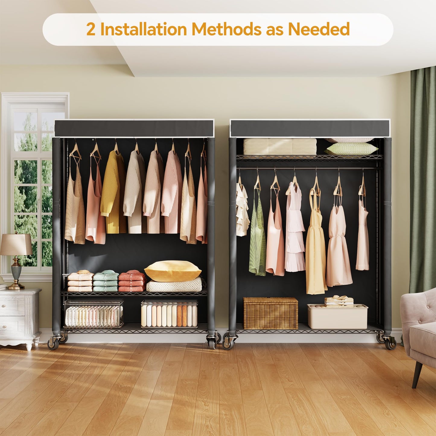 Higeego H4 Plus Rolling Garment Rack with Cover, Heavy Duty Clothes Rack with Wheels, Portable Closet for Hanging Clothes, Wardrobe Closets Organizer Storage, Black Closet Rack with Black Fabric Cover