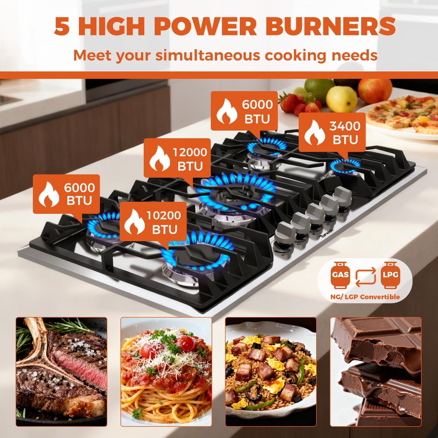 TOPWISH 36 Inch Gas Cooktop, 5 Burners Gas Stove Top, NG/LPG Convertible 304 Stainless Steel Built-in Propane Stovetop, Natural Hob with Thermocouple Flame Out Protection for Rvs Kitchen Apartments