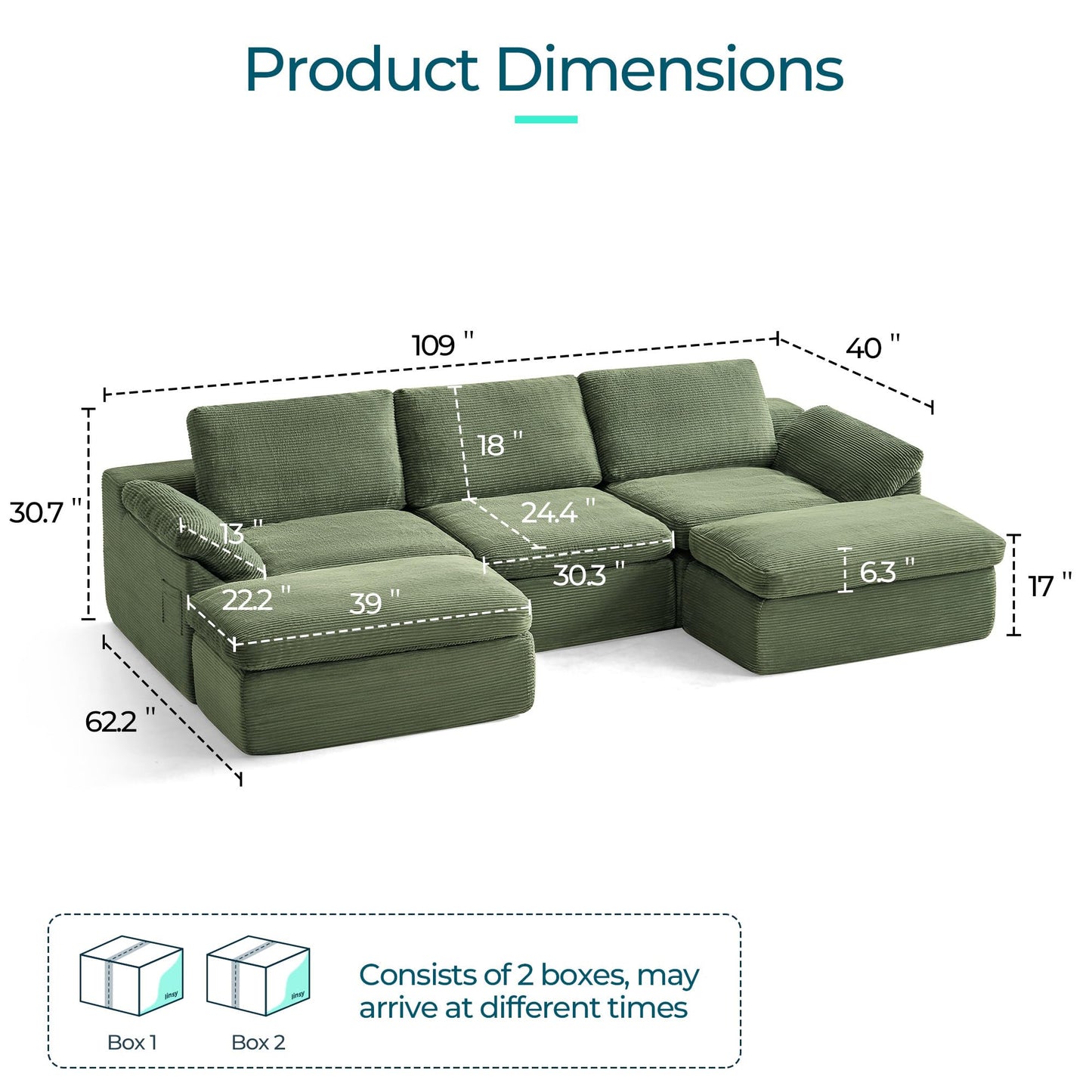 LINSY HOME 109" Modular Couch Modern Boneless Cloud Couch, U Shaped Sofa with Movable Ottomans, Deep Seat Corduroy Sectional Couches for Living Room, Apartment, No Assembly Required, Green