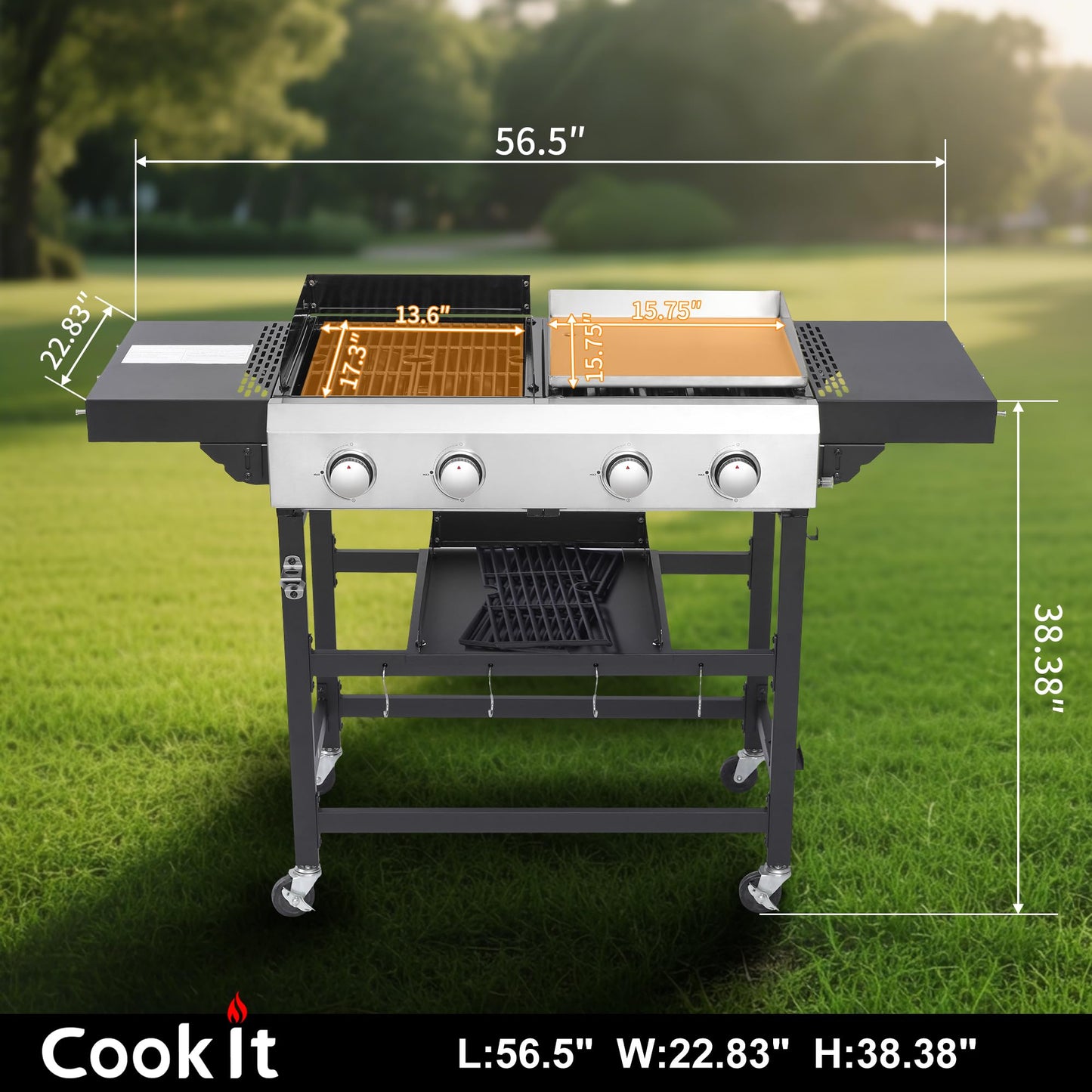 Cookit Propane Gas Grill and Griddle Combo with 40,000 BTUs, 4-Burner Stainless Steel Griddle & Cast Iron Grill Combo for Outdoor Cooking While Camping or Tailgating