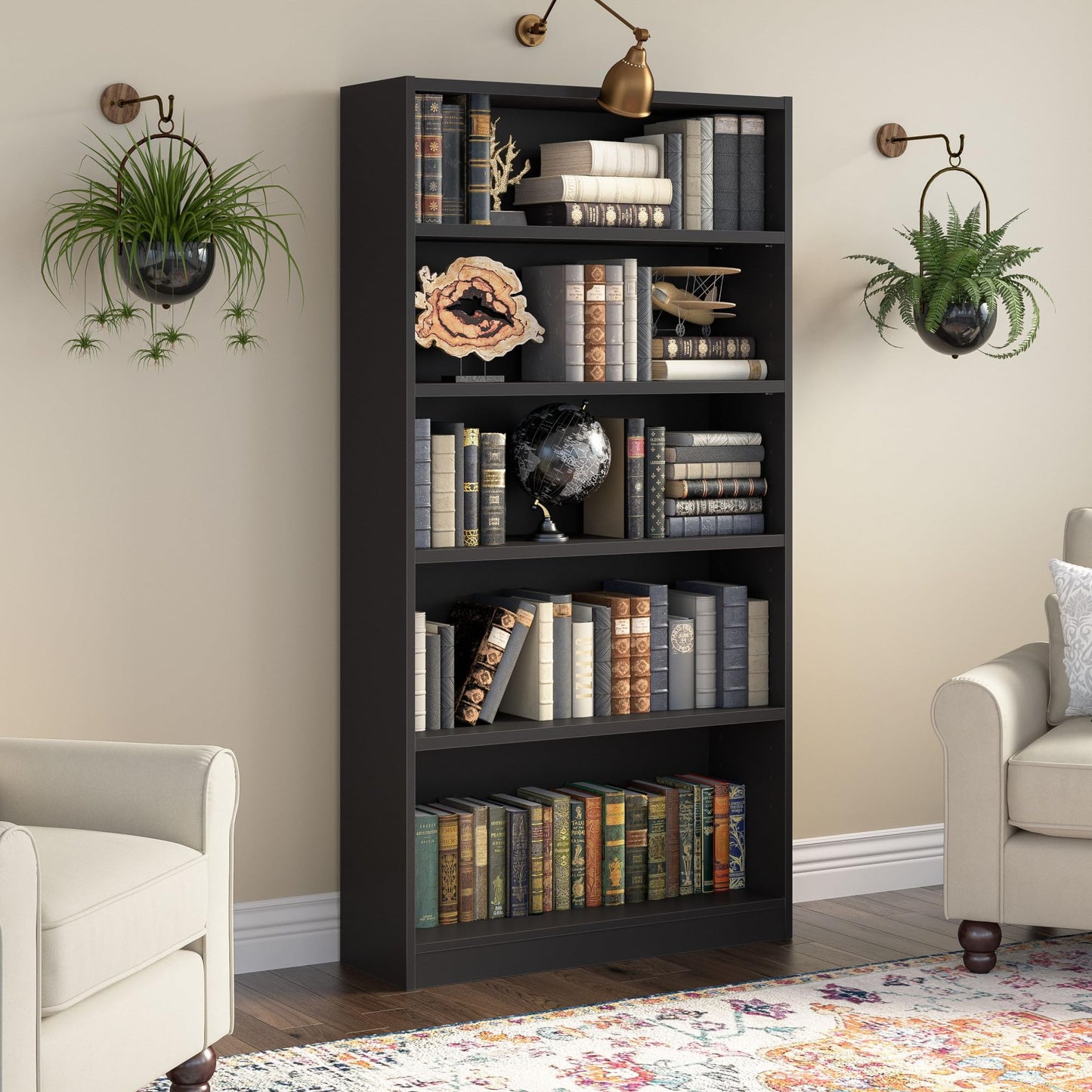 Bush Home Universal Tall 5 Shelf Bookcase in Black, Vertical Storage and Display Bookshelf for Home Office or Living Room Organization