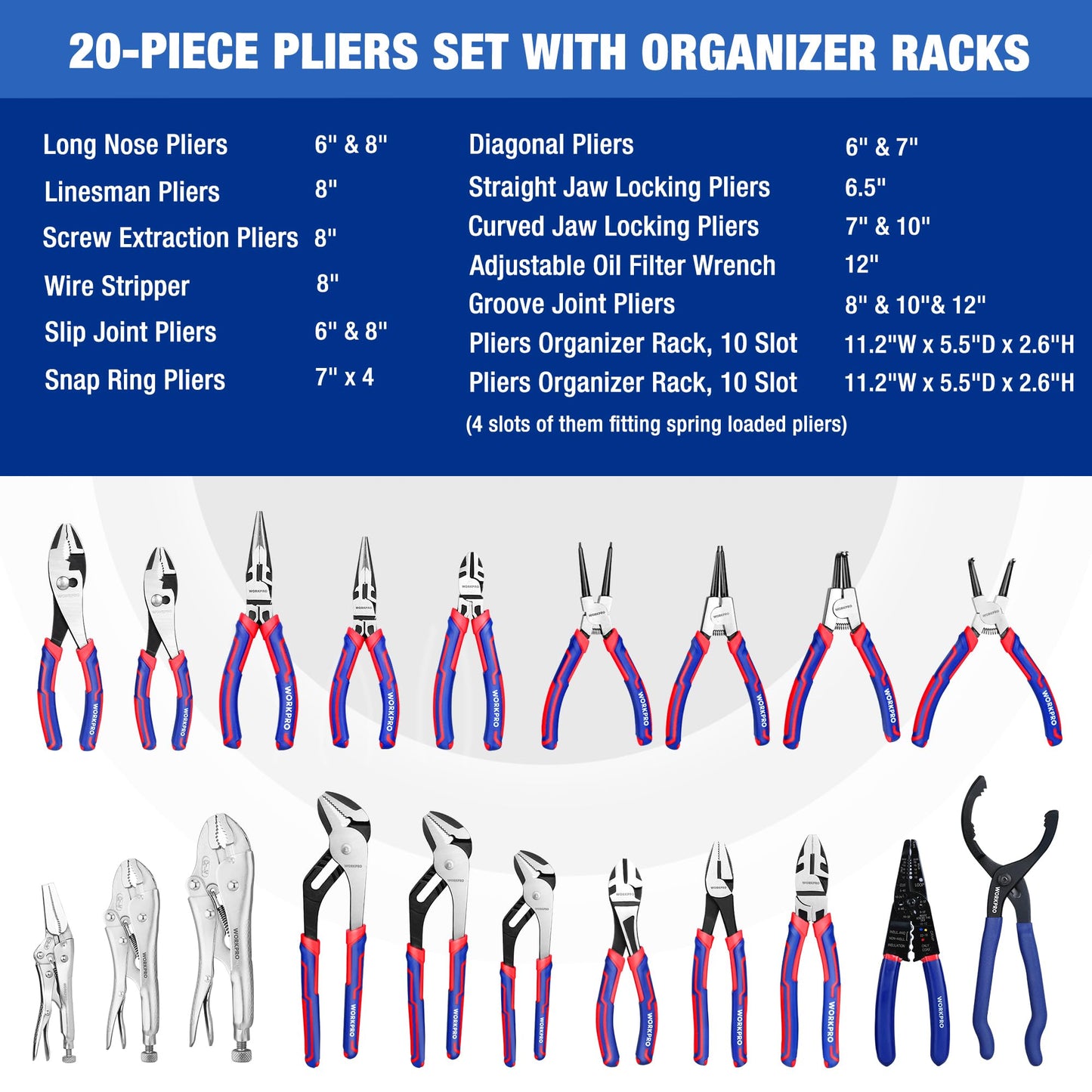 WORKPRO Pliers Set, 20-Piece Full Assortment of Pliers with 2-pack Plier Organizer Rack, Great Fits for Tool Box Drawer or Tool Chest, Ideal as Home, Garage, Mechanics & DIY Projects