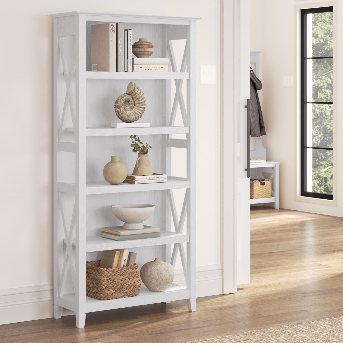Bush Home Tall 5 Shelf Bookcase for Living Room or Home Office, Large Bookshelf, Modern Farmhouse Style, Key West Collection, Pure White Oak