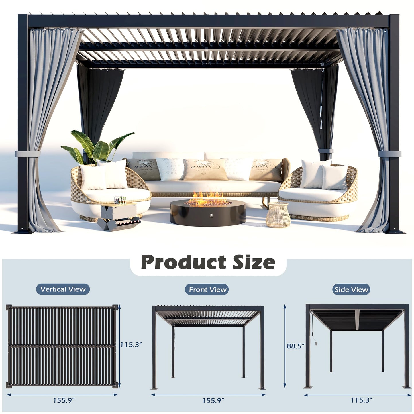 TXGDPIONEER Outdoor Louvered Pergola 10'×13',Aluminum Frame with Adjustable Louvered Roof and Screen,Metal Hard Top Pergola with Waterproof Curtains and Nets for Patio,Backyard,Deck,Grey