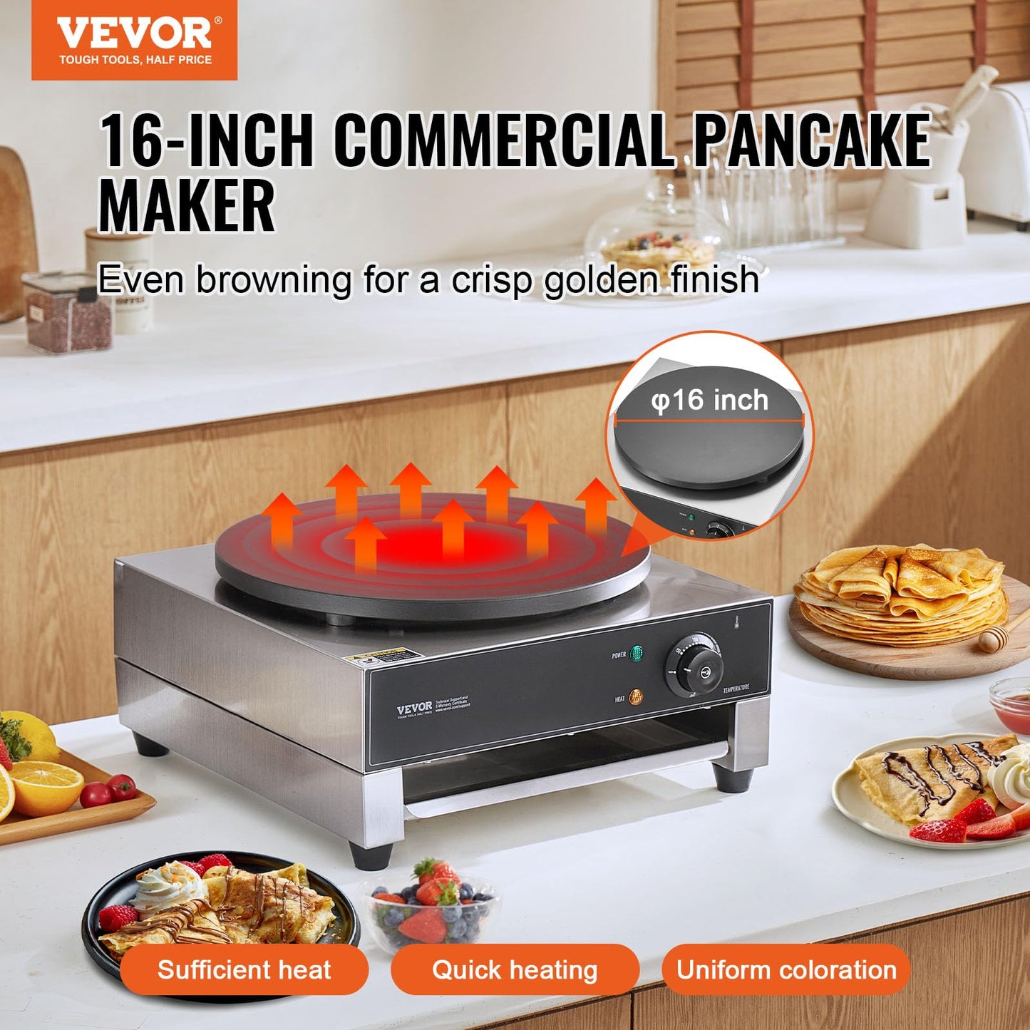 VEVOR Electric Crepe Maker, 16-Inch Commercial Crepe Machine, 1700W Flat Plate Crepe Griddle, Nonstick Stainless Steel Pancake Making Machine, Desktop Circular Cereals Pancake Stove with Temp Control