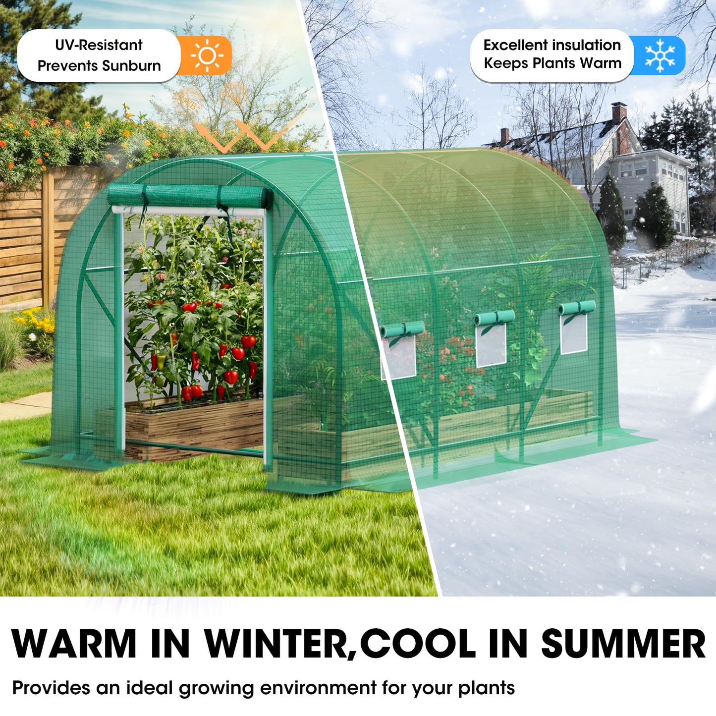 Grezone Walk-in Greenhouse Upgraded Green House with Zippered Screen Doors & 6 Screen Windows Heavy Duty Plastic Plant Warm House with Reinforced Frame (12x7x7 FT)