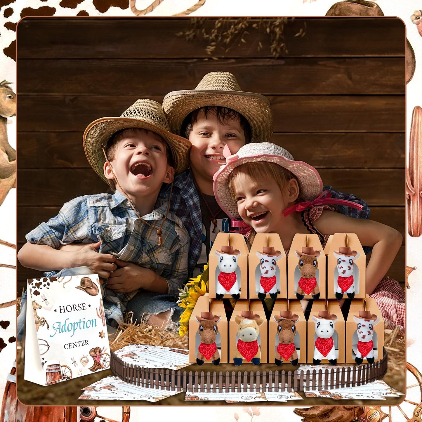 62 Pcs Adopt a Horse Animal Party Favors Include 12 Mini Stuffed Horse 12 Boxes 12 Brown Hat 12 Red Scarf 12 Cards 1 Adopt Sign 1 Fence for Adopt a Grassland Animal Party Favor Pet Birthday Supplies