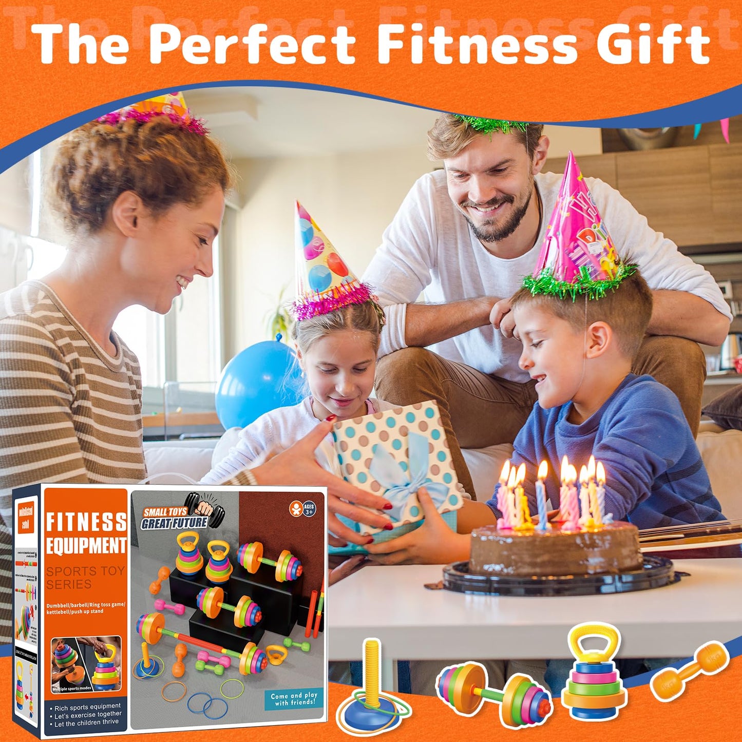 6-in-1 Kids Weight Set- Dumbbell, Barbell, Kettlebell, Ring. Adjustable Workout Equipment Toy for Children Pretend Kids Exercise Equipment, Toddler Weights Gym Workout Bench Set Gift for Baby Boy Girl