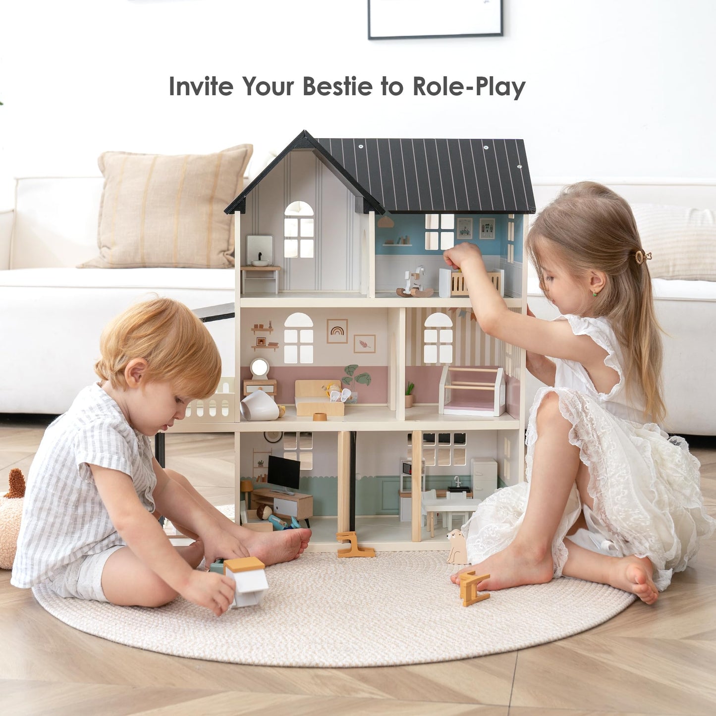Wooden Dollhouse for Kids, 6-Room Modern Style Toy Doll House Playset with 26 Furniture & Functional Doors, 1:12 Scale Open Plan Dollhouse Designed for 4-6 Inch Dolls, STEM Creative Gift for Ages 3+