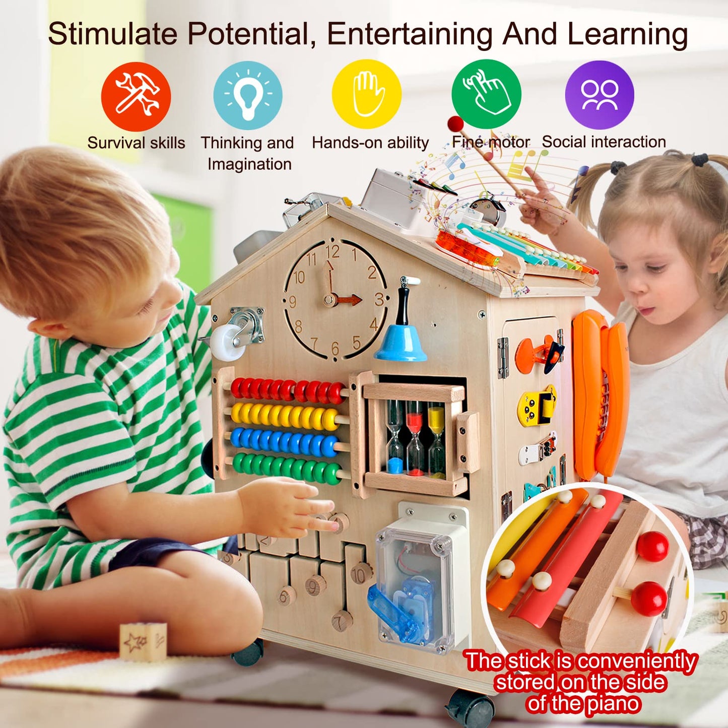 SHIERDU Montessori Wooden Busy House Basic Life Skills and fine Motor Training for Children, pre-School Education and Learning Busy Board, Sensory Game Toys, Large Gifts for Boys and Girls
