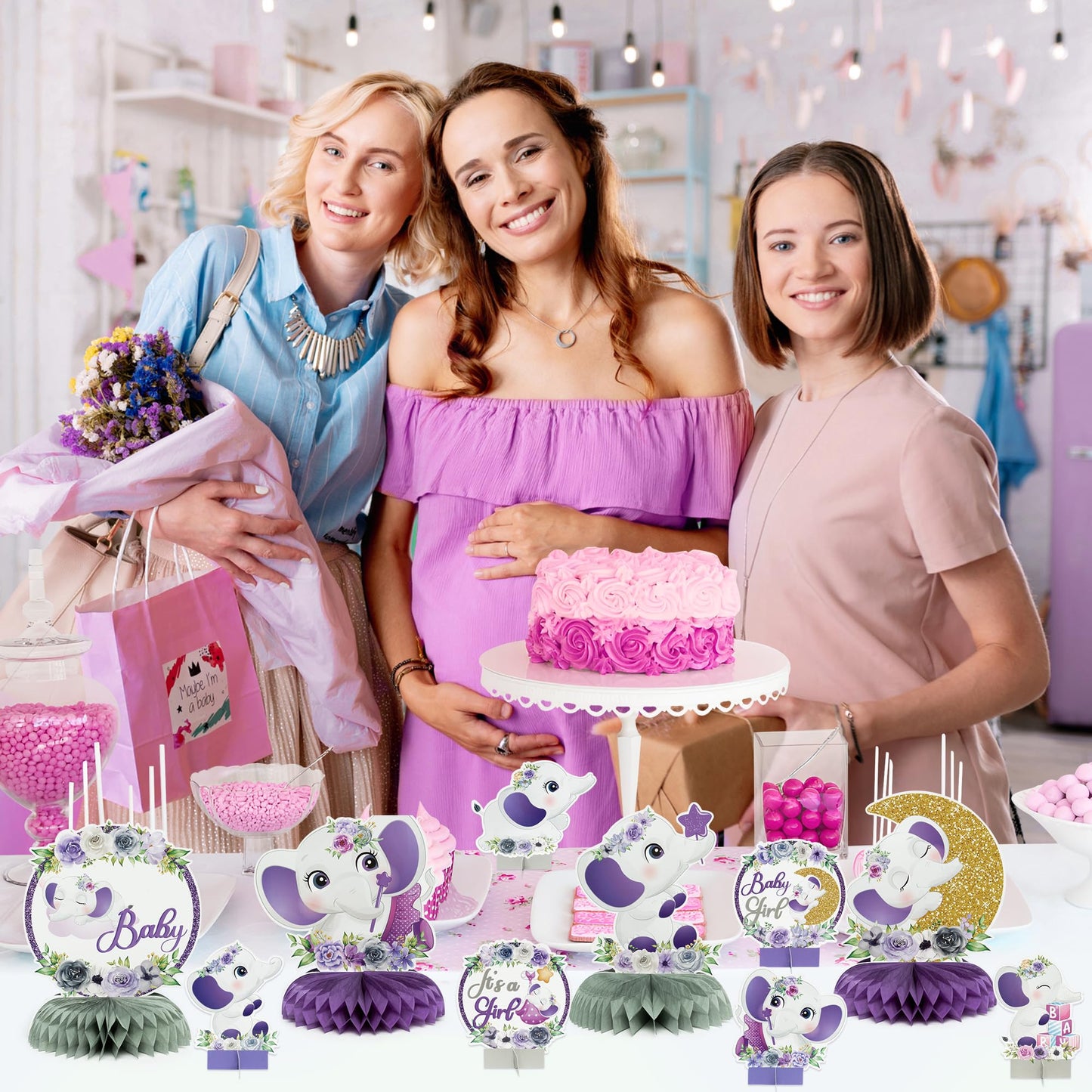 12 Pcs Purple Floral Elephant Honeycomb Centerpieces - Girl Baby Shower Party Table Decorations - Welcome Baby Party Table Toppers - Photo Props Decor