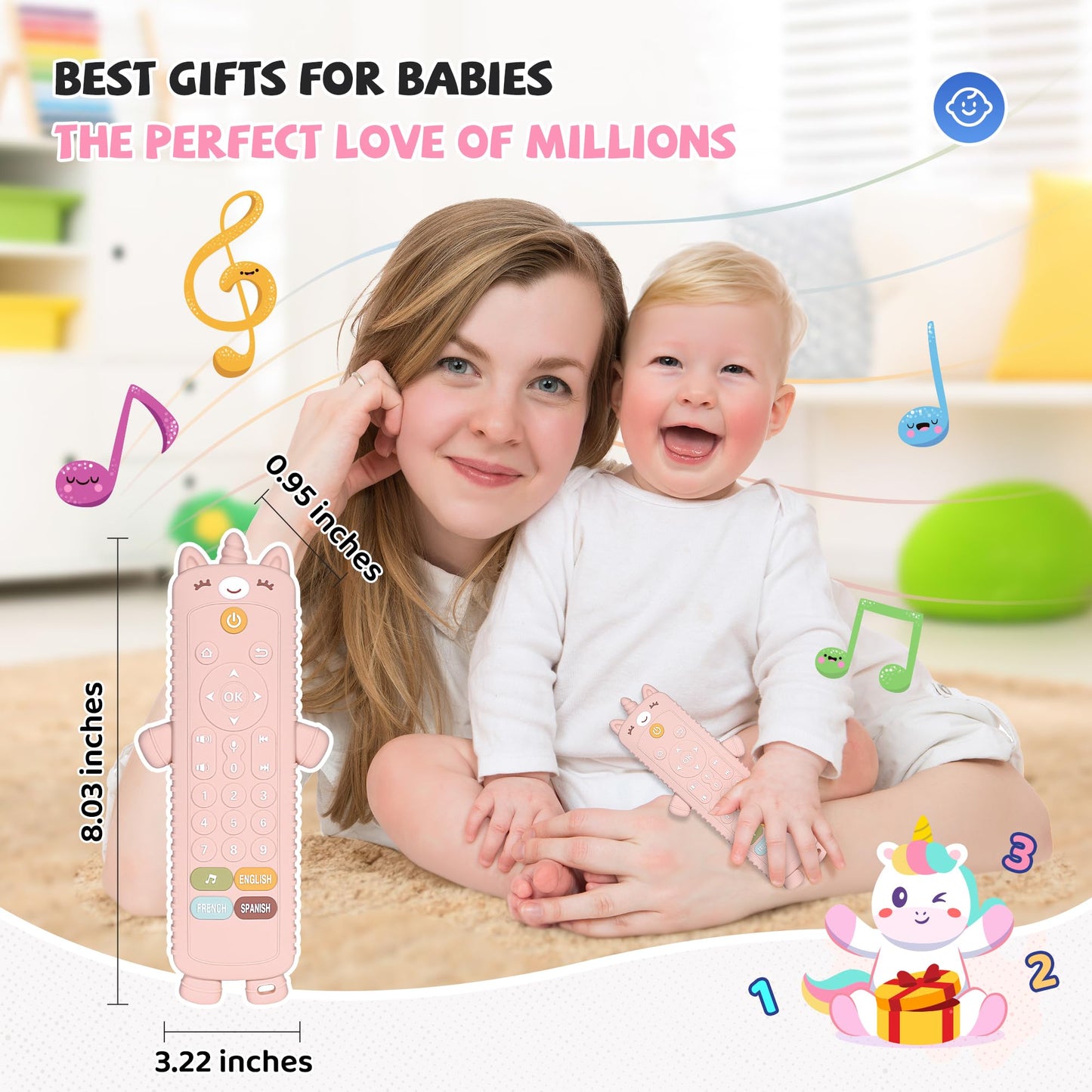KIRALUMI Baby Remote Control Toy with Silicone Teether Cover - Baby Musical Toys, Early Number Learning in 3 Languages (English, Spanish & French), Preschool Infant Girl Toys 6, 9, 12, 18 Month.