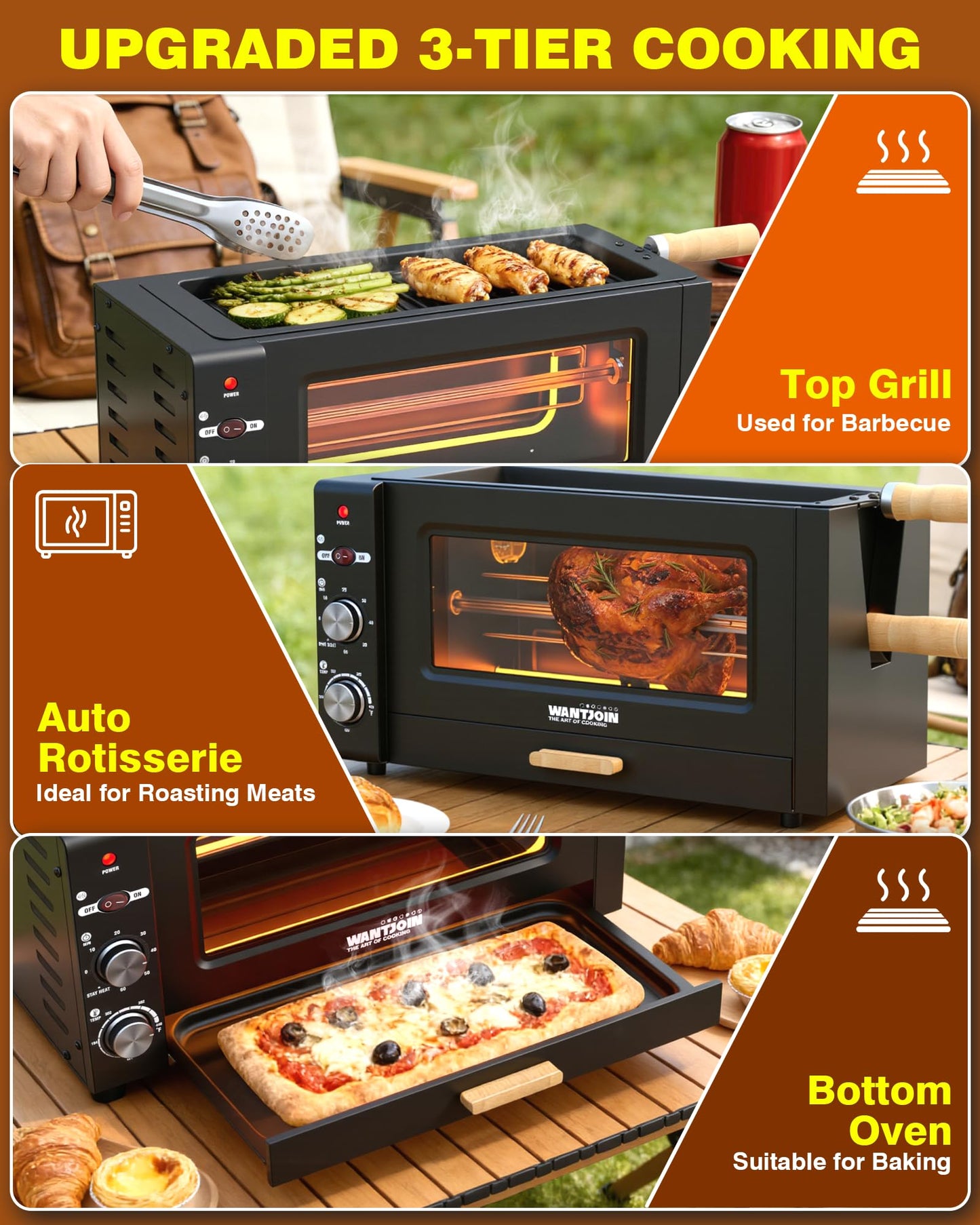 WantJoin Electric Rotisserie Oven - 26QT 3-Layer 3-in-1 Rotisserie Oven For Simultaneous Cooking, 360°Auto-Rotate Heating, Visible Glass Door, Rotisserie Cooker for Home Kitchen & Party Use 1800W