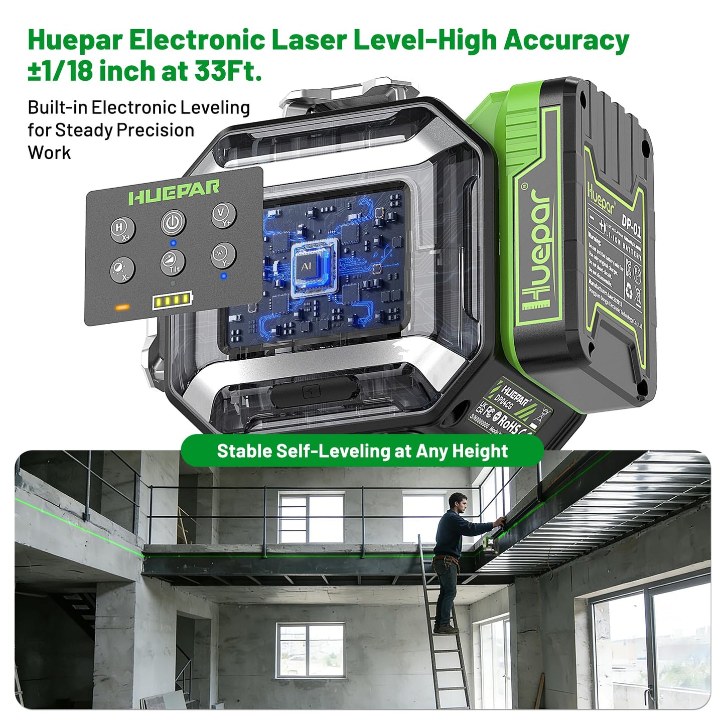 Huepar Electronic Laser Level, 4 x 360° Green Self Leveling Lazer Leveler Tool Kit with High Accuracy & Slope Function, No Swing Design, Adjustable Brightness with Flash Mode, Rechargeable -DP04CG