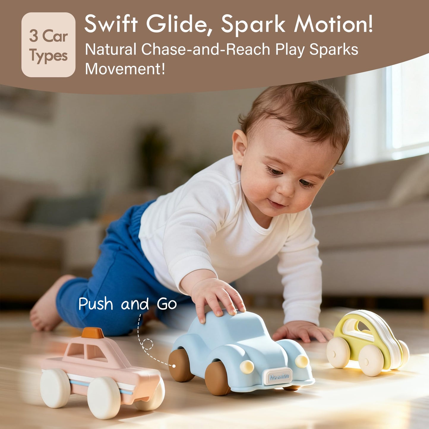 Moonkie Food Grade Silicone Toy Cars for Babies & Toddlers, Push and Go Baby Car Toys 6–12 Months, Hollow Design Infant Toys, Baby Teething Toys 4–6 Months, Birthday Gifts for Boys & Girls, 3 Pack
