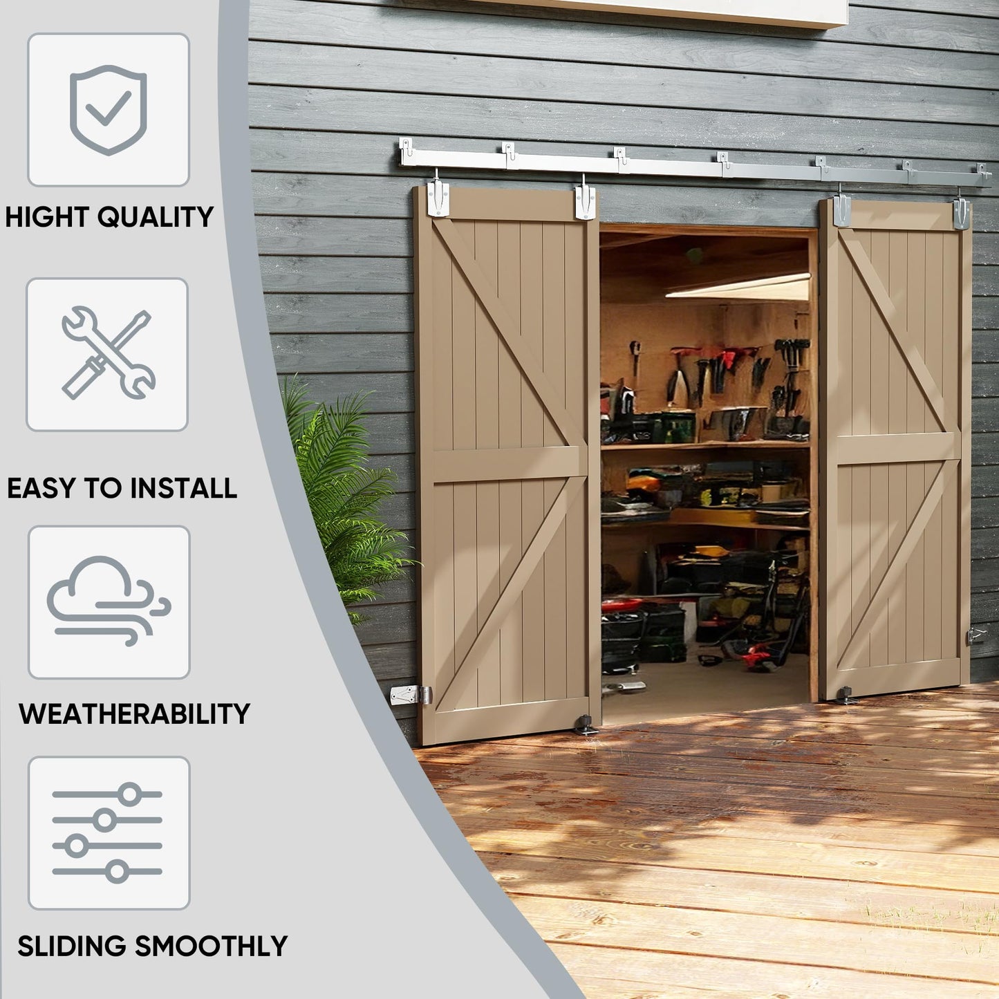 JUBEST 14FT Box Rail Exterior Barn Door Hardware Kit, Heavy Duty Sliding Door Track Kit Wall Mount Door Hardware Kit for Two Doors System(Doors Not Included), Silver